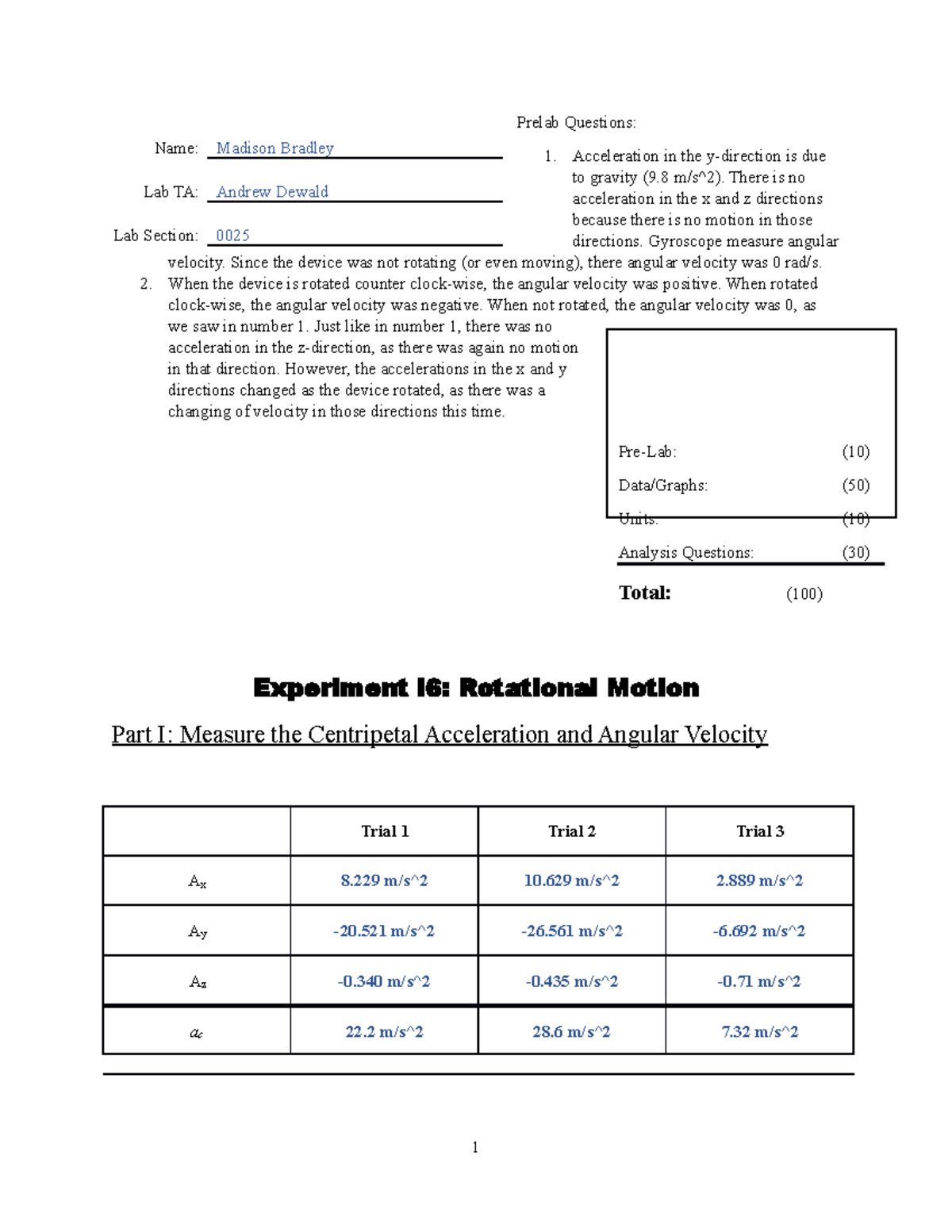 i6 Lab Assignment: Prelab Questions on Centripetal Acceleration and ...