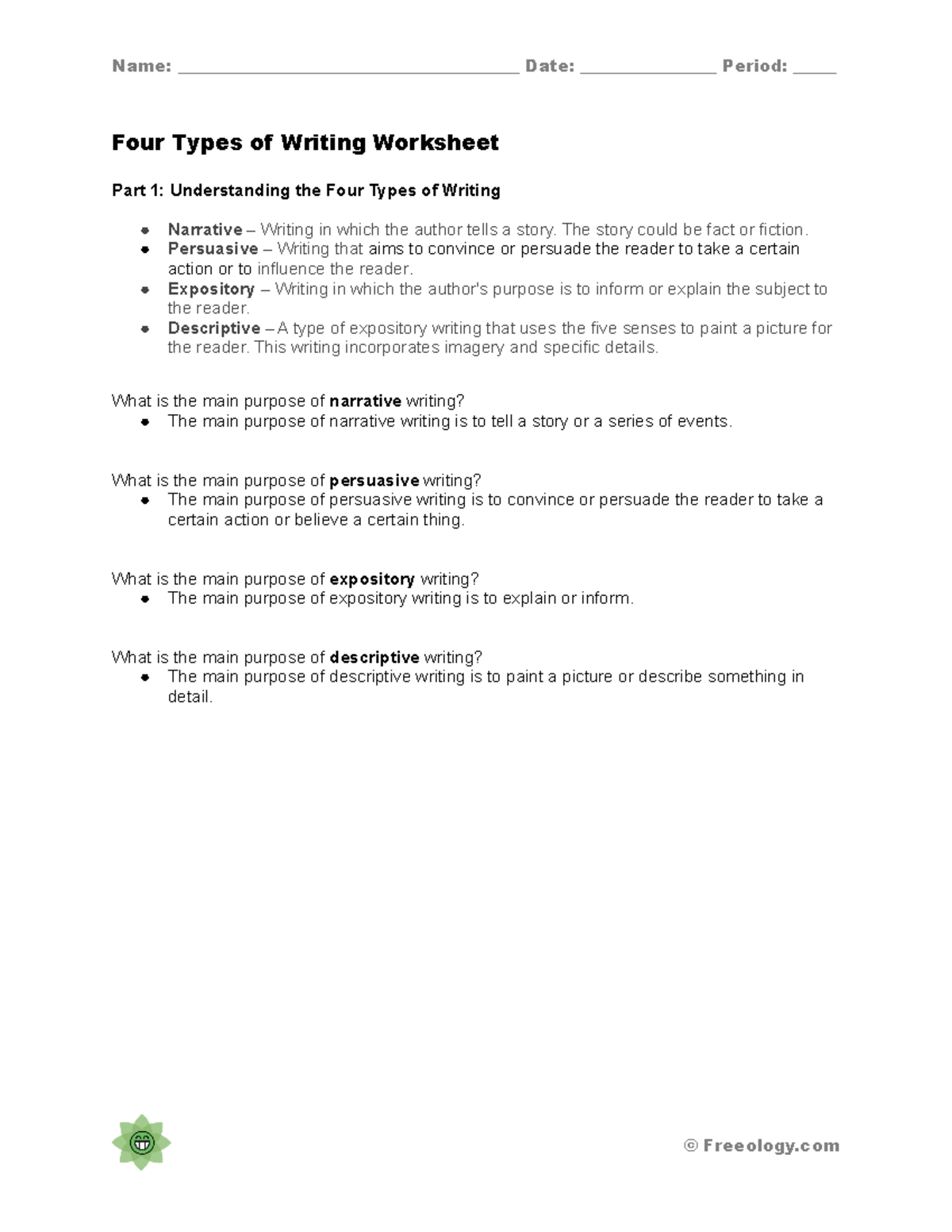 Four Types of Writing: A Comprehensive Worksheet Guide - Studocu