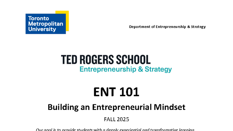 ENT 101 Course Outline: Building an Entrepreneurial Mindset - Fall 2025 ...