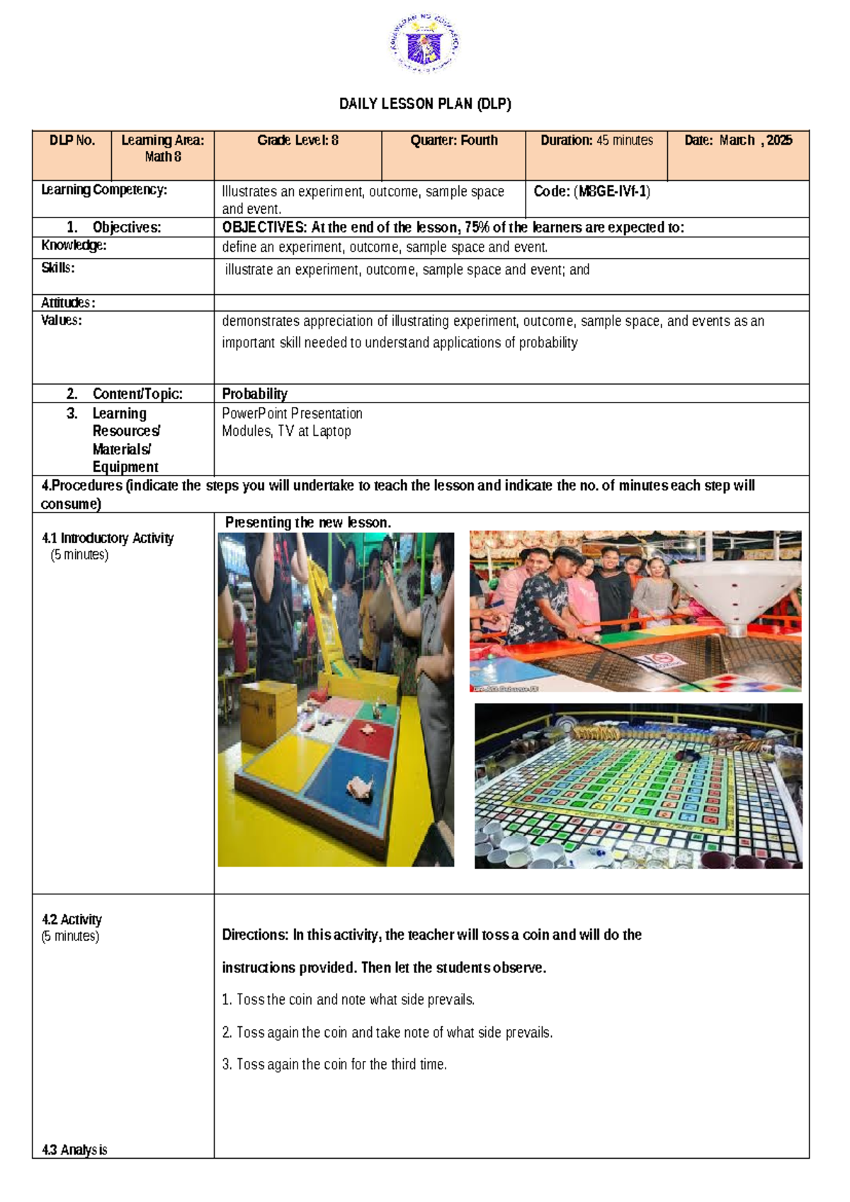 DLP-Q4 CO 24-25: Daily Lesson Plan for Math 8 on Probability - Studocu