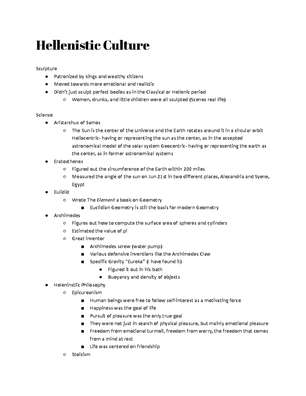 HIST 201 - Hellenistic Culture Notes: Sculpture, Science & Philosophy ...