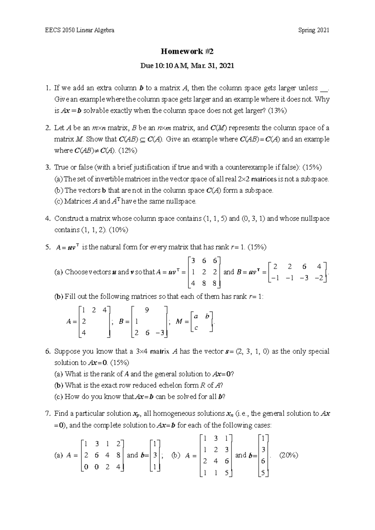 Homework #2 - EECS 2050 Linear Algebra Spring 2021 Homework Due 10:10 ...