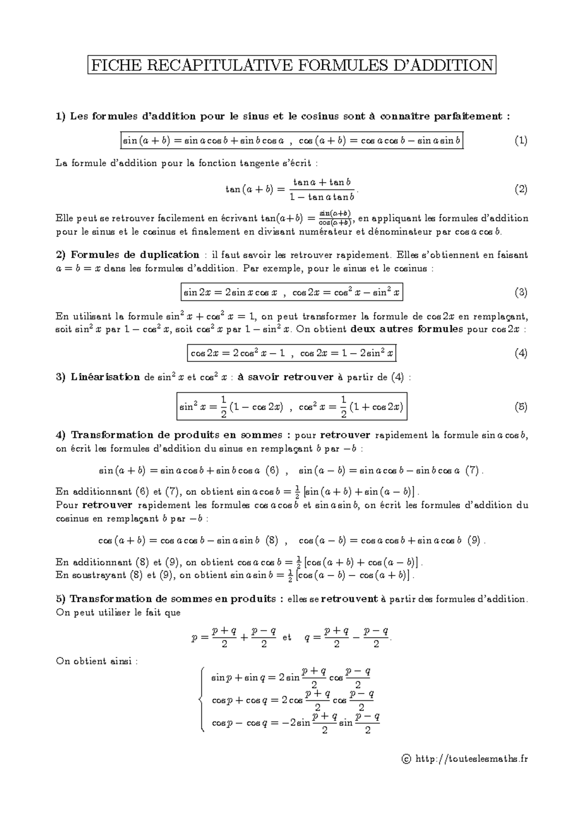 Addition Formulas Summary for Trigonometric Functions (Math 101) - Studocu