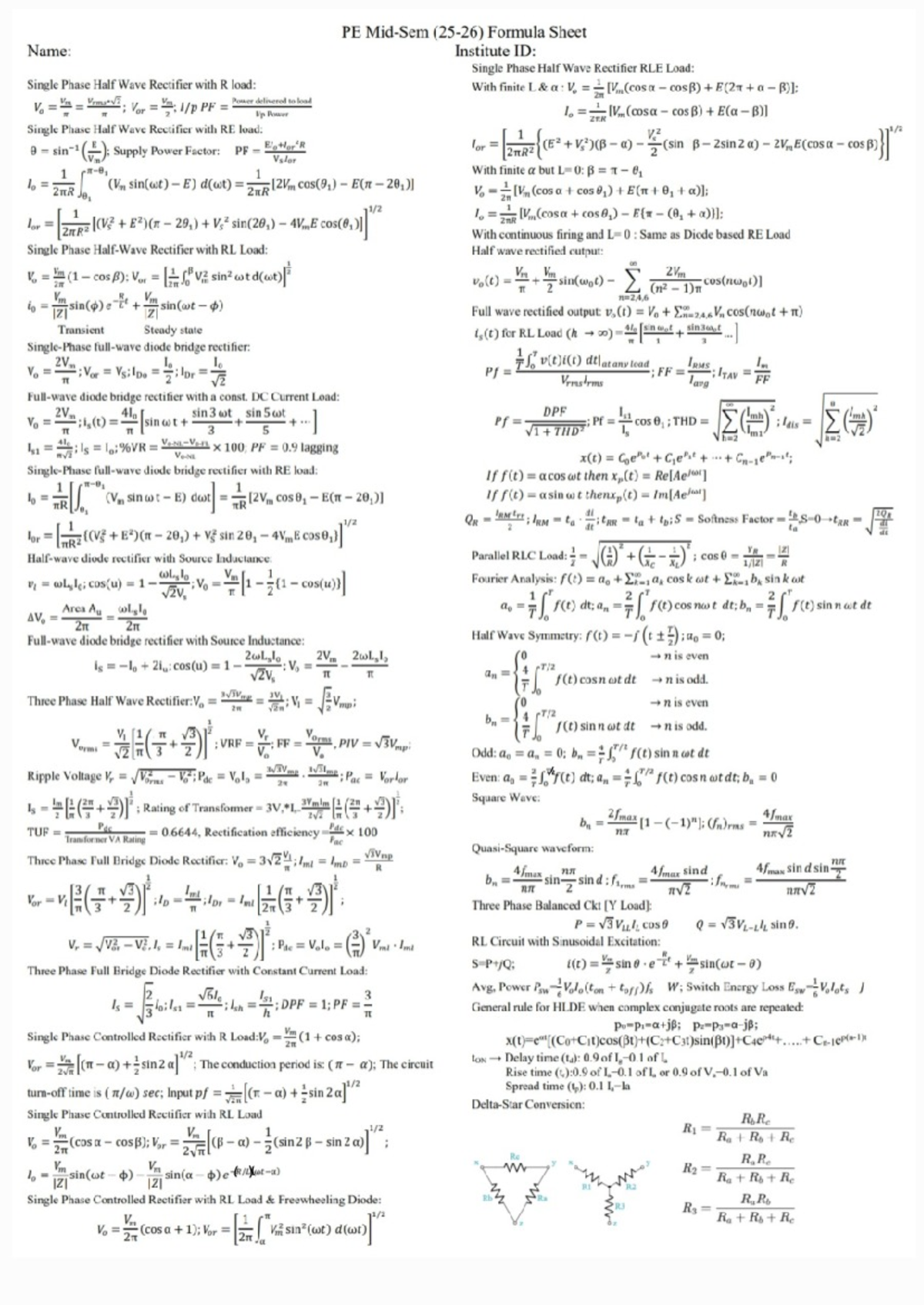 PE Formula Sheet: Single Phase Rectifiers and Their Loads - Studocu
