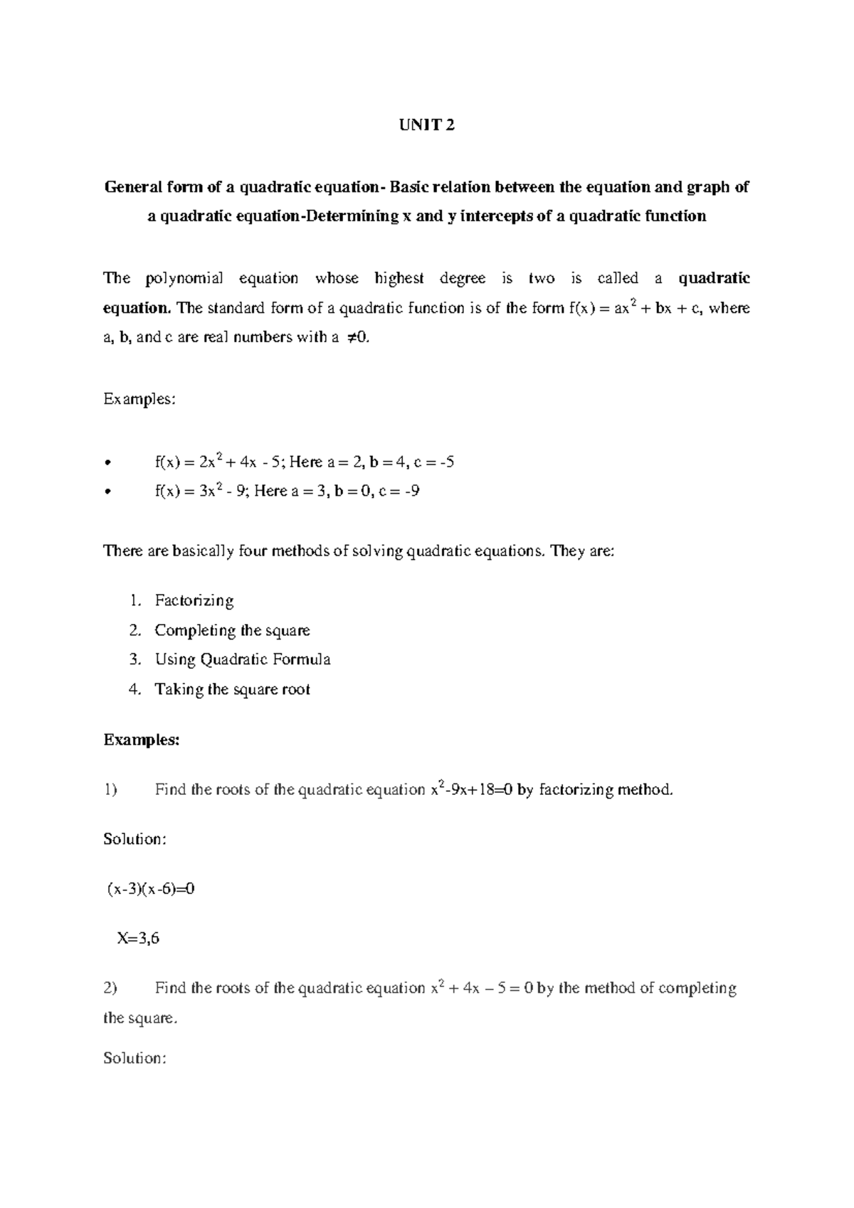 AM 22MA101 LPD4 - General form of a quadratic equation- Basic relation ...