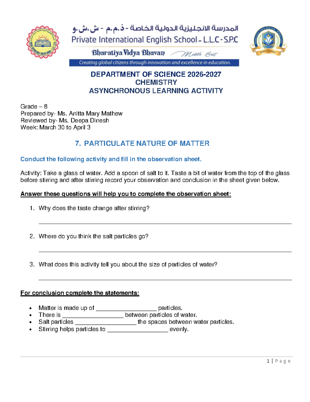 Grade 8 Chemistry Activity: Particulate Nature of Matter - Studocu
