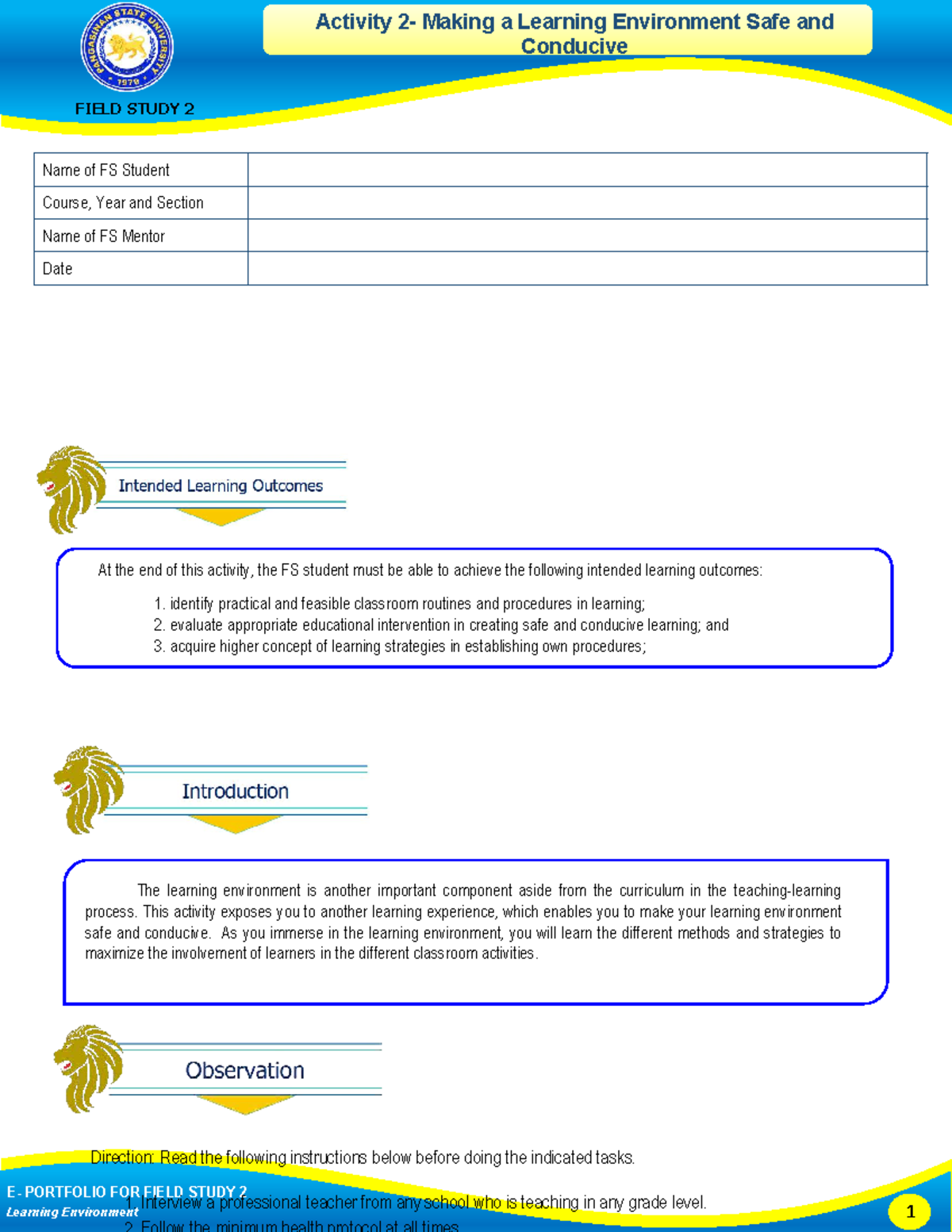 FS 2 Activity 2: Creating a Safe and Conducive Learning Environment ...