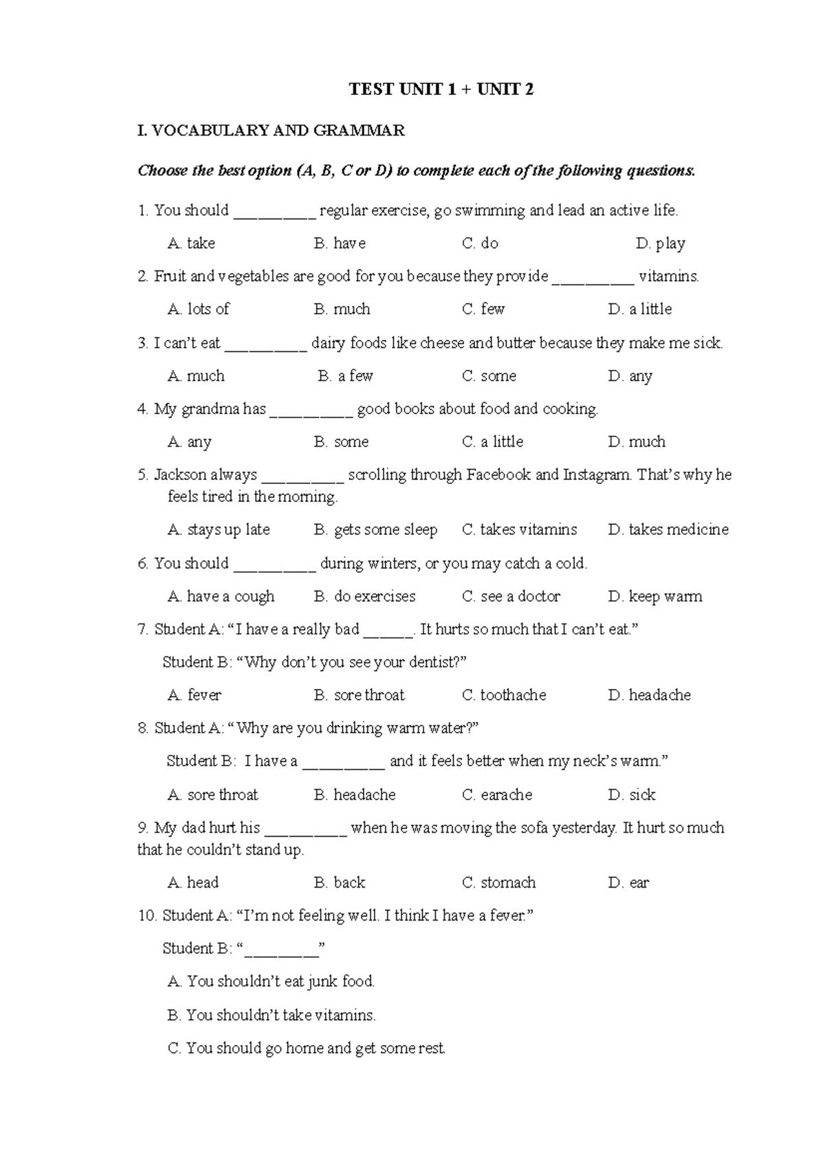 TEST UNIT 1 & UNIT 2: Vocabulary and Grammar Exercises - Studocu