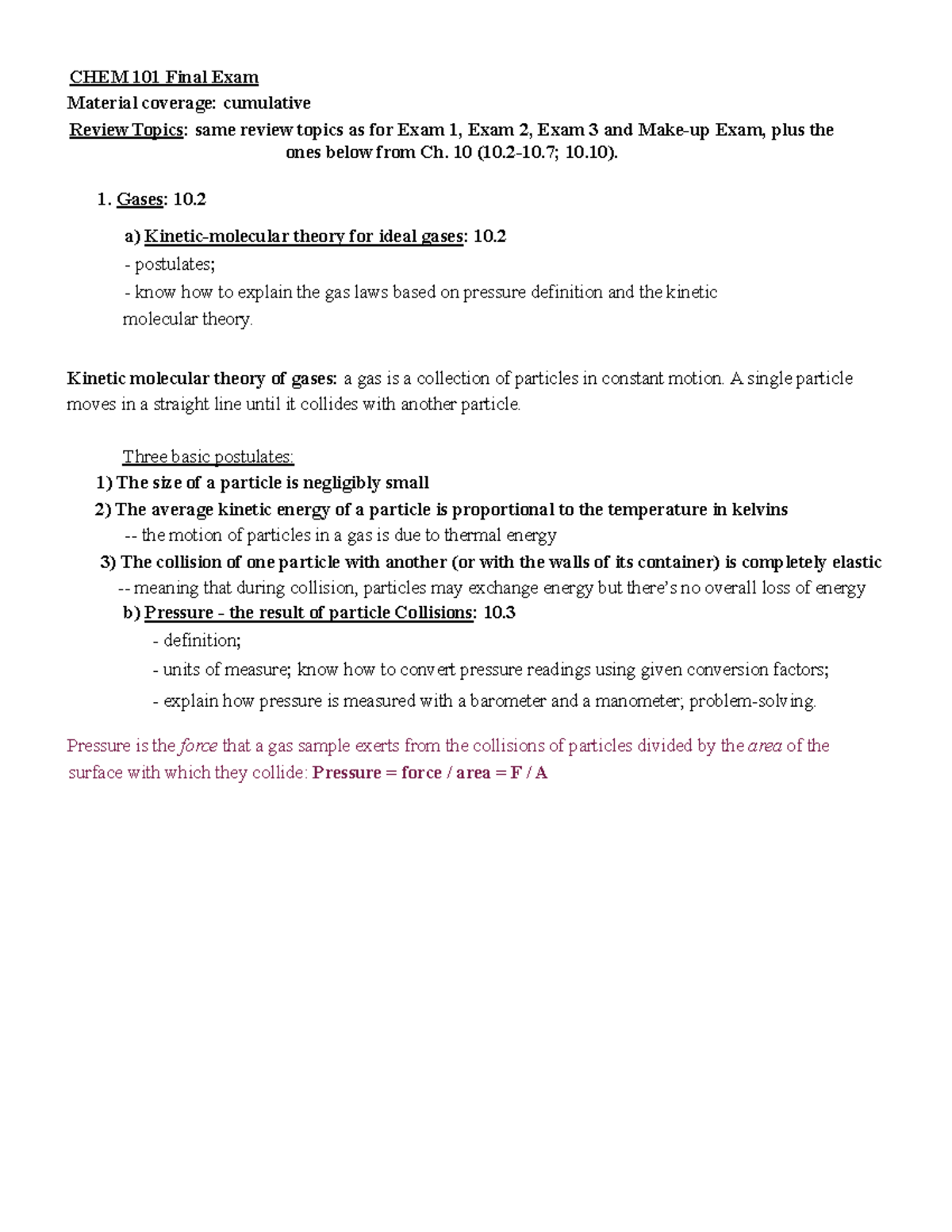 Review Topics CHEM 101 F20 Final Exam - CHEM 101 Final Exam Material ...