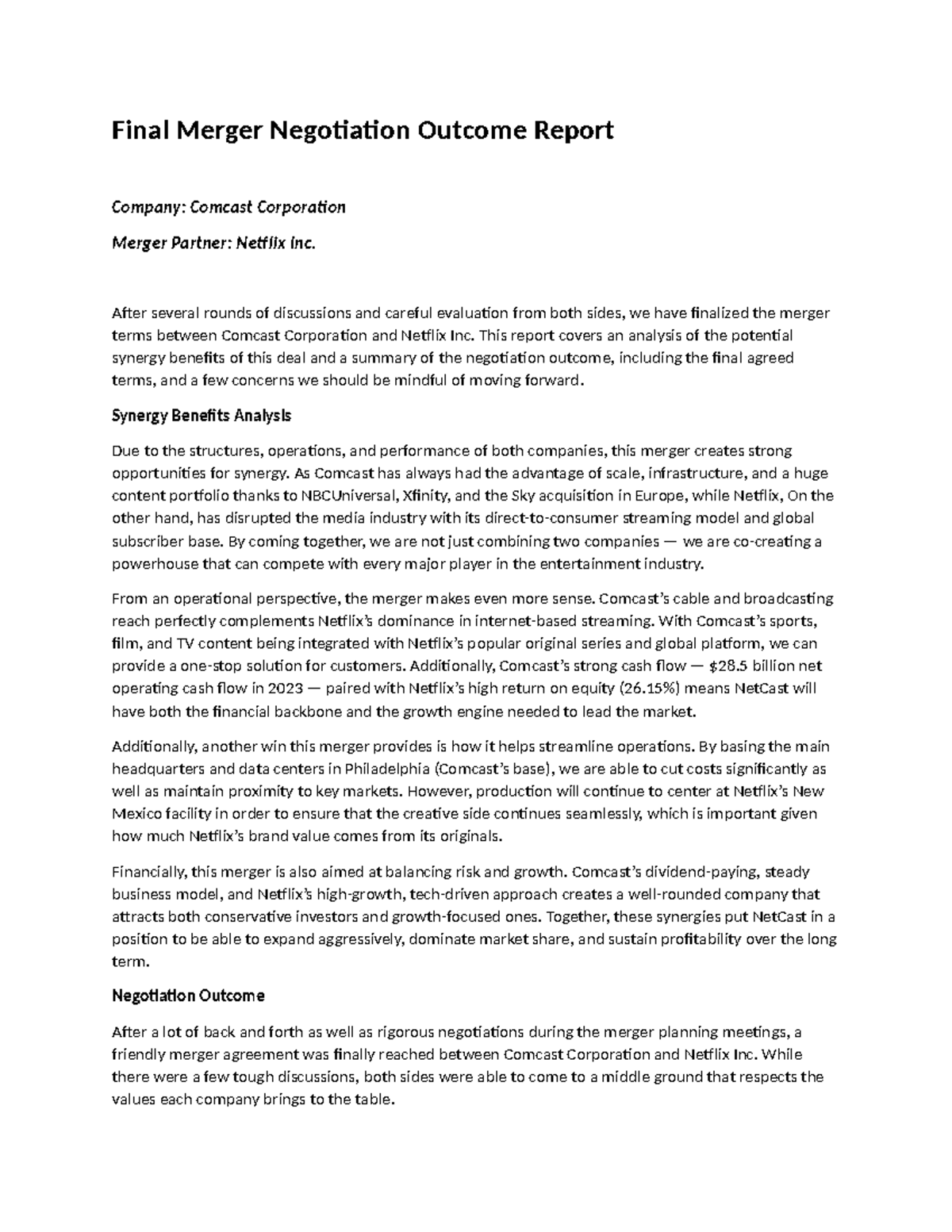Final Report on Comcast & Netflix Merger Negotiations - Studocu
