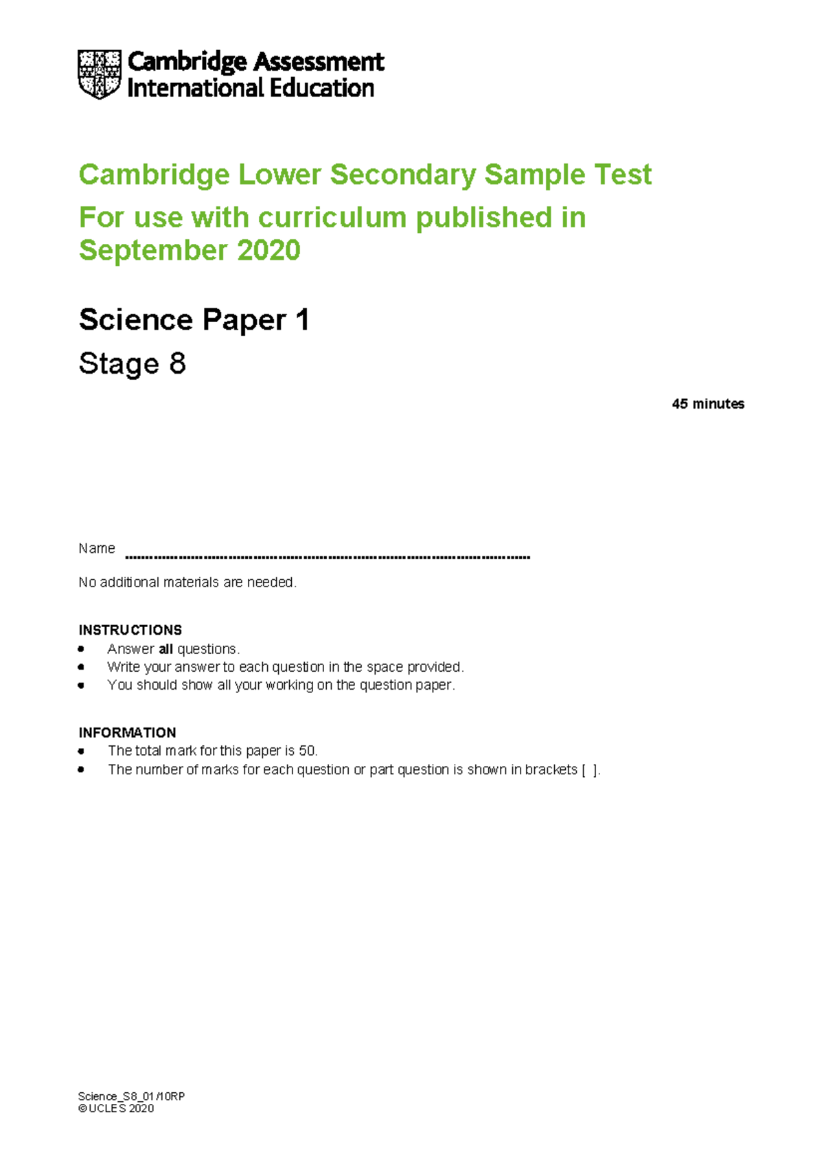 Stage 8 Science Sample Test Paper - Cambridge Lower Secondary - Studocu