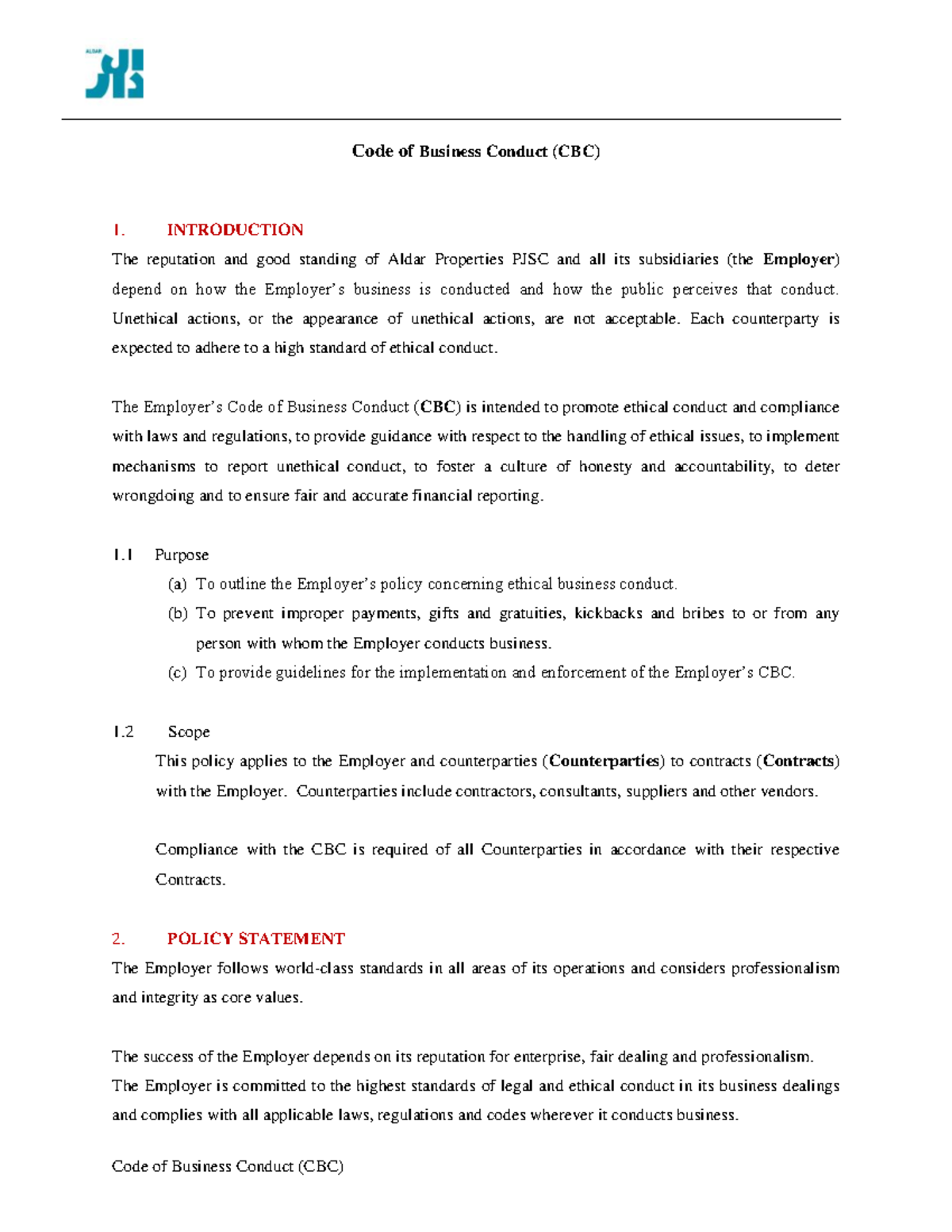 Aldar Properties Code of Business Conduct (CBC) Overview - Studocu