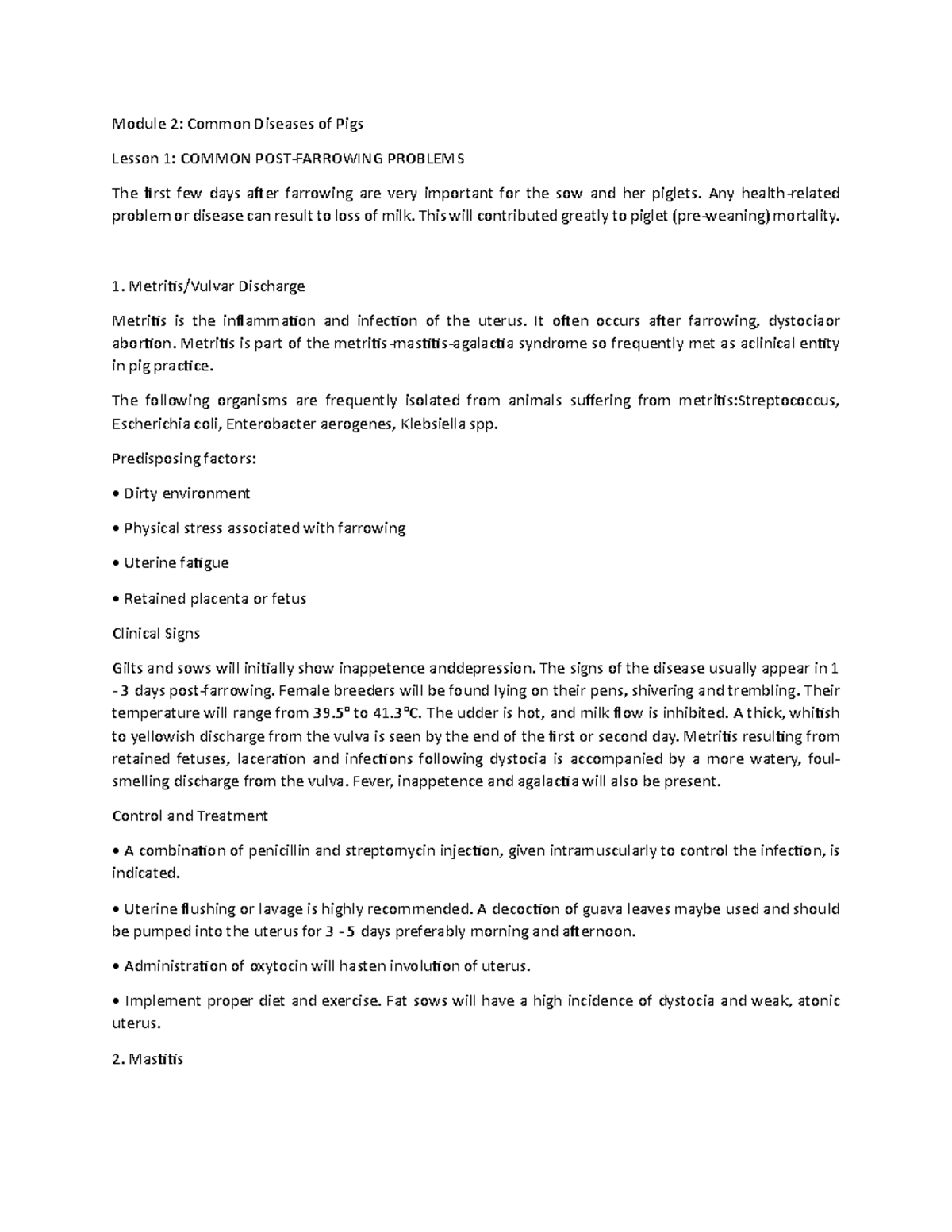 Module 2: Common Diseases of Pigs - Lesson 1 Summary - Studocu