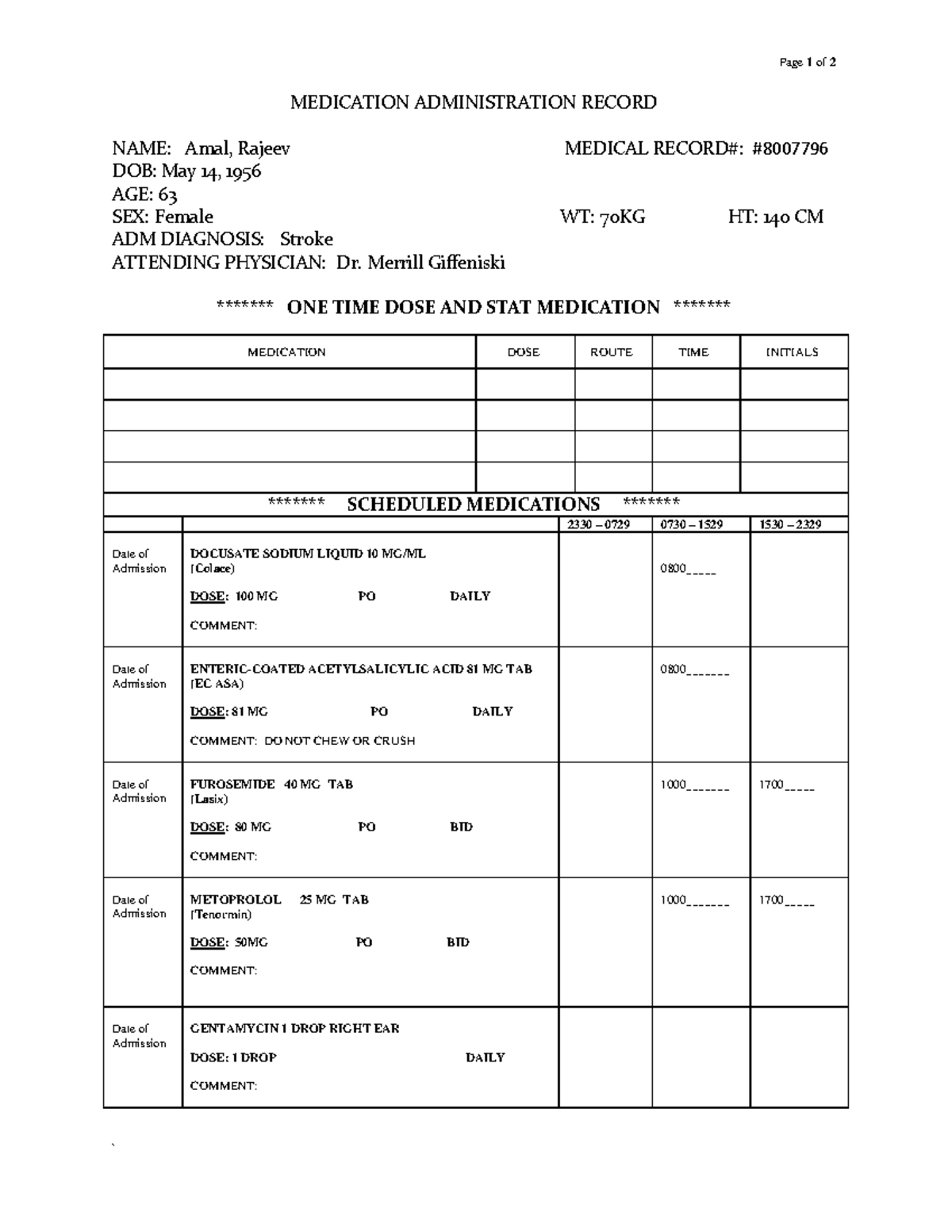 Medication Administration Record for Rajeev Amal - Sample MAR - Studocu