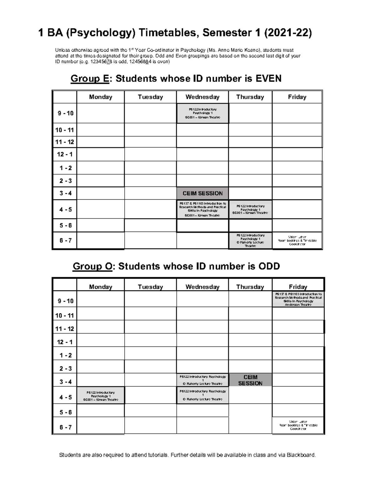 First Year Timetable S1-2122 Final - 1 BA (Psychology) Timetables ...
