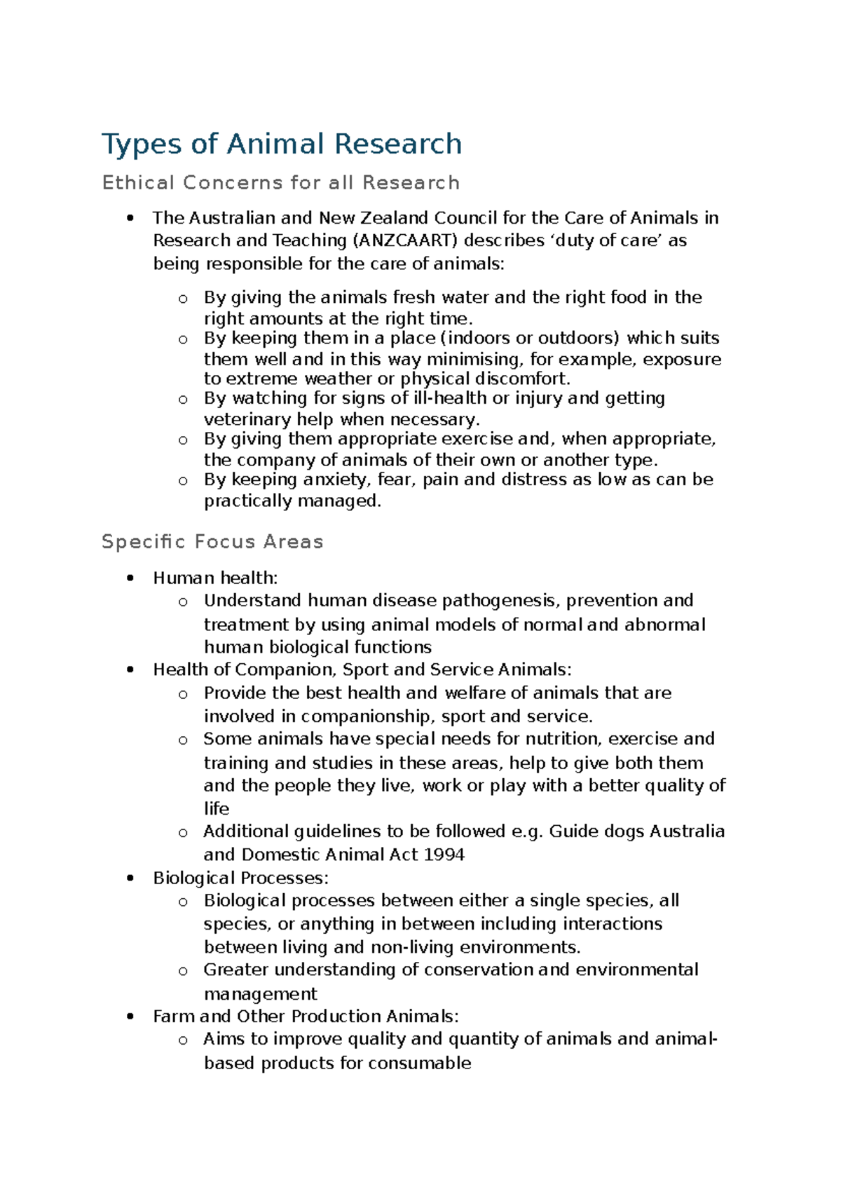 Types of Animal Research: Ethical Concerns and Guidelines (ANZCAART ...