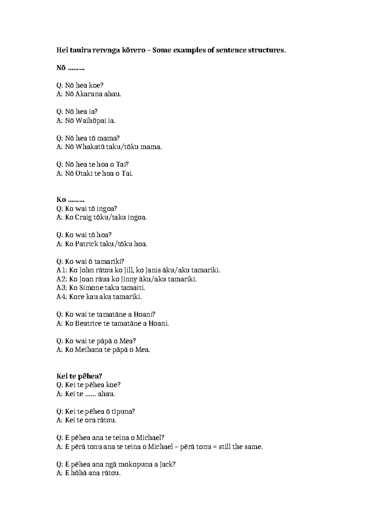 Hei tauira rerenga kōrero – Sentence Structures Examples for Māori ...