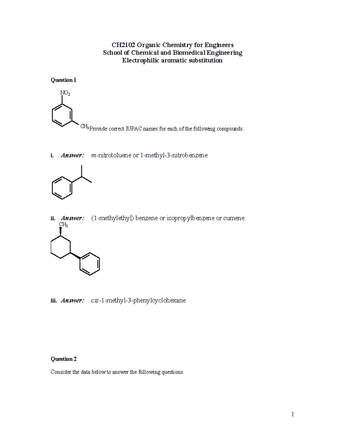 CH2102 Organic Chem: Tutorial 3 - Electrophilic Aromatic Substitution ...