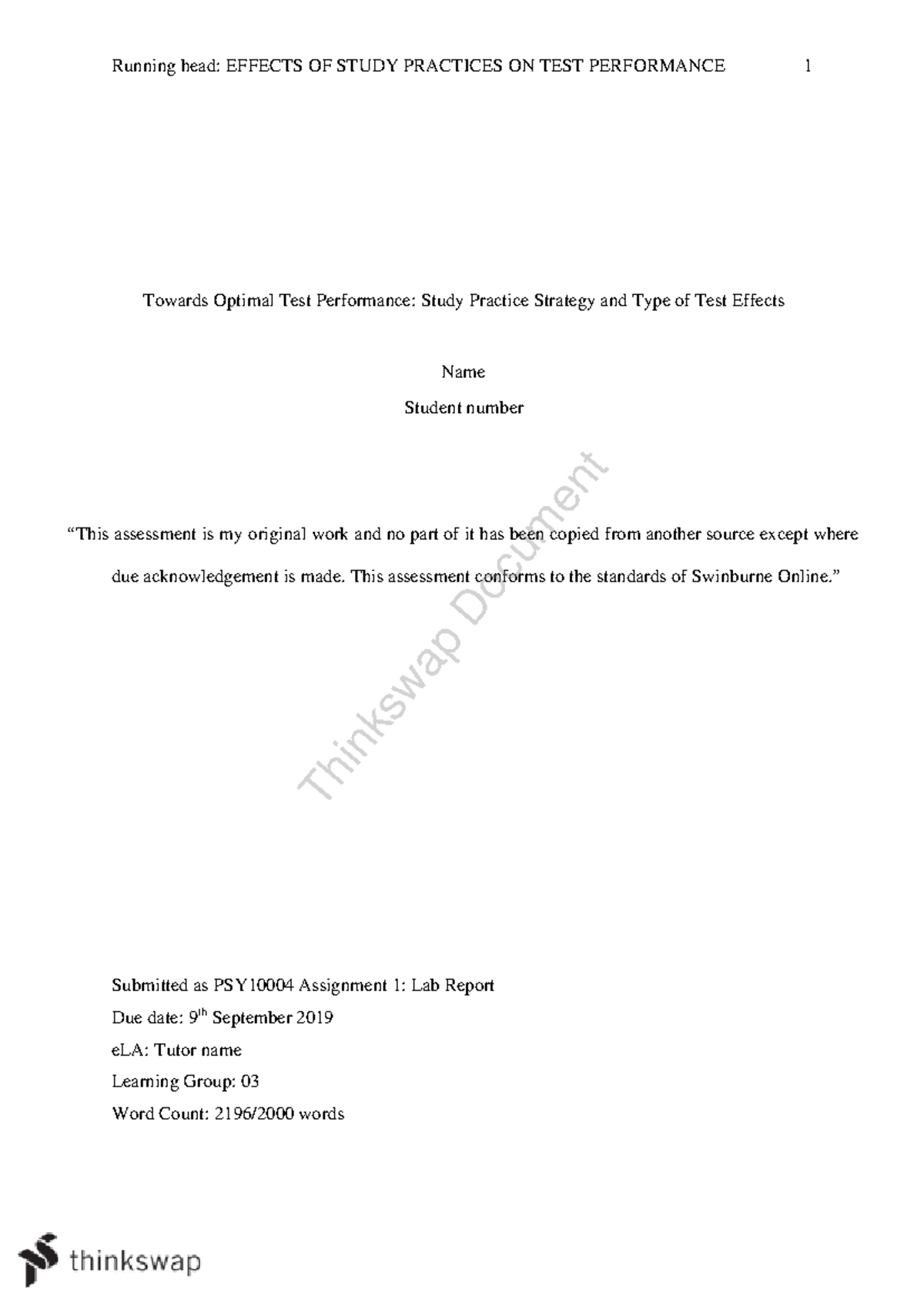 AS 1 B Lab report - passed - Towards Optimal Test Performance: Study ...