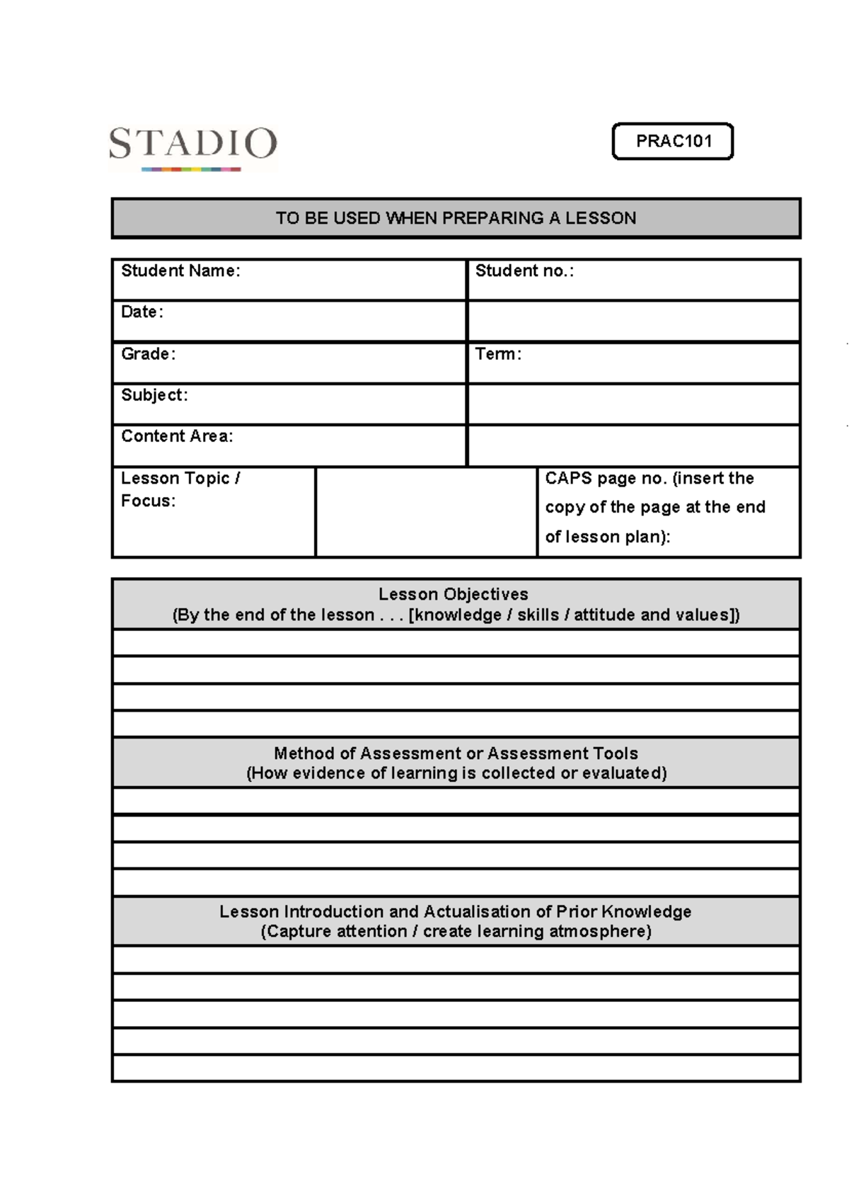 PRAC101 Lesson Plan Template for Effective Teaching - Studocu