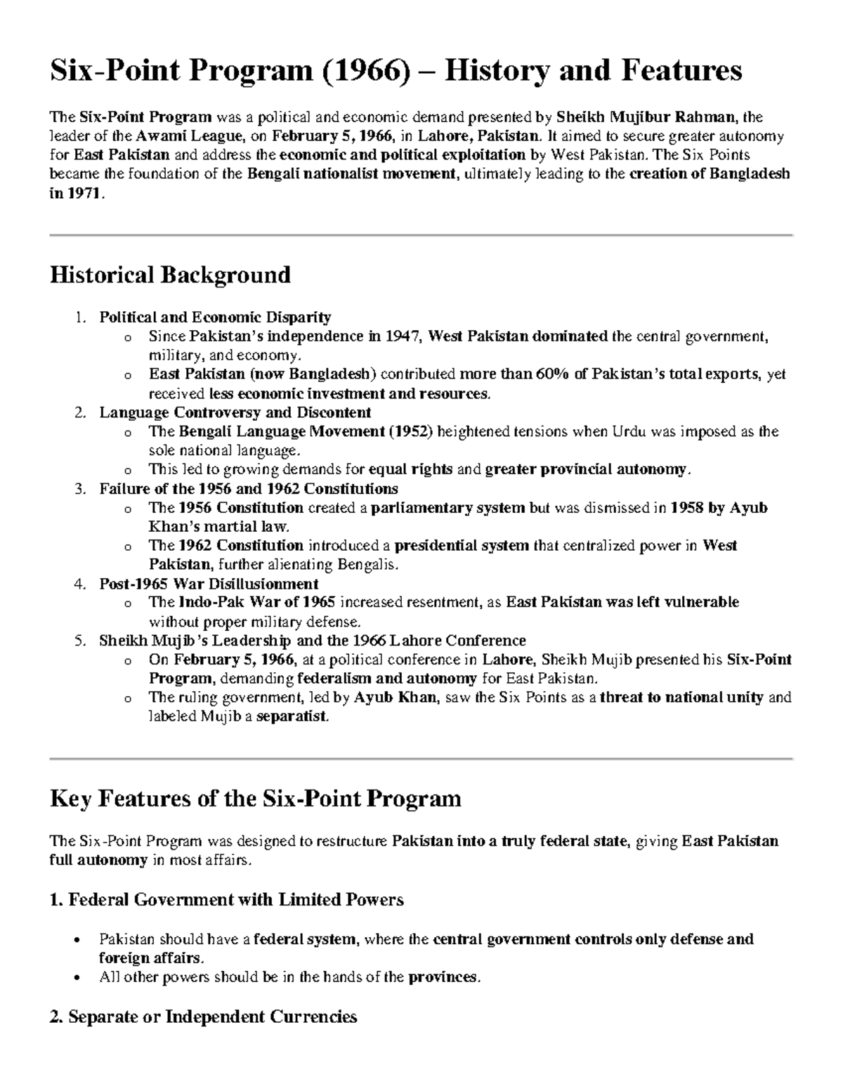 6 point programme to Constitution-1972 - Six-Point Program ( 1966 ...