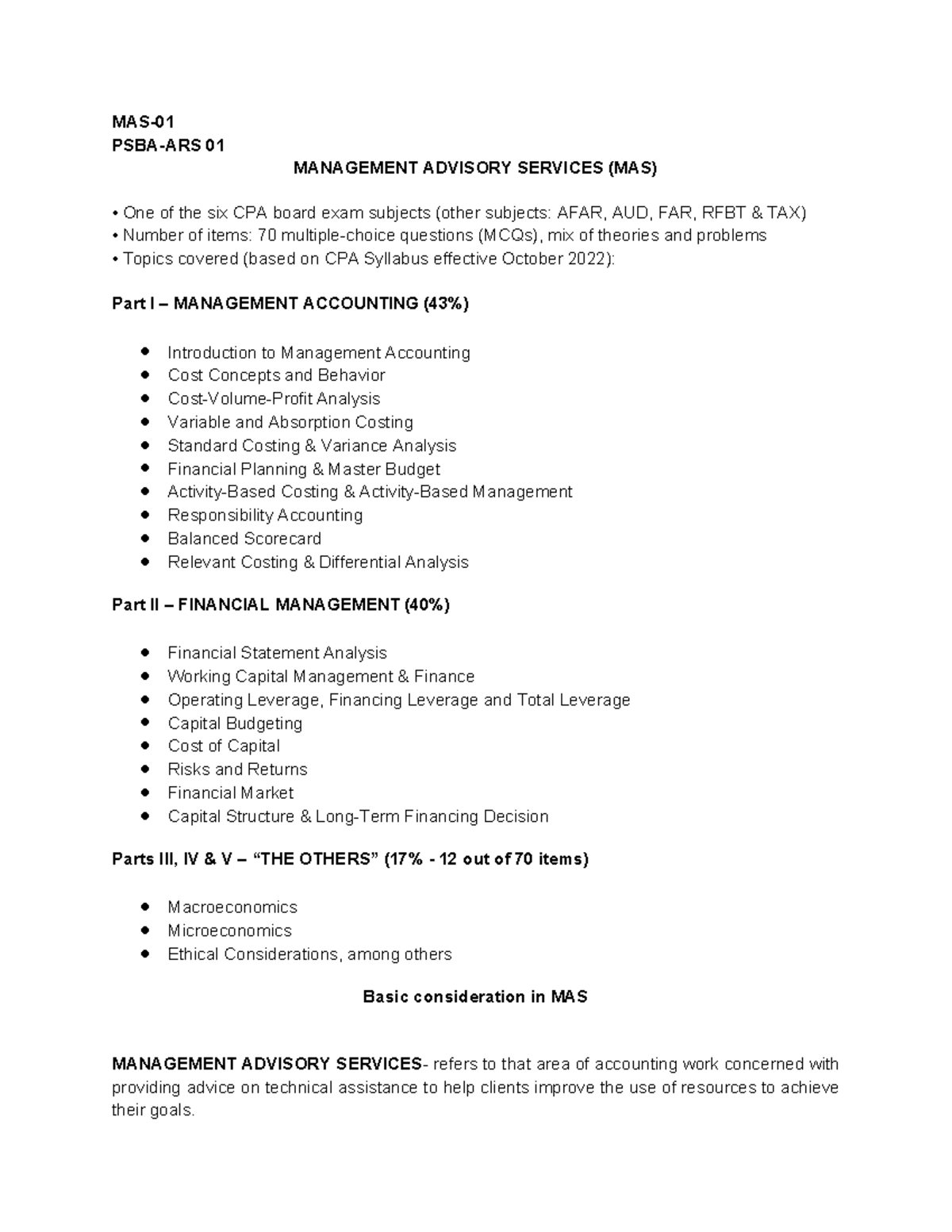 Introdcution to MAS - MAS- PSBA-ARS 01 MANAGEMENT ADVISORY SERVICES ...