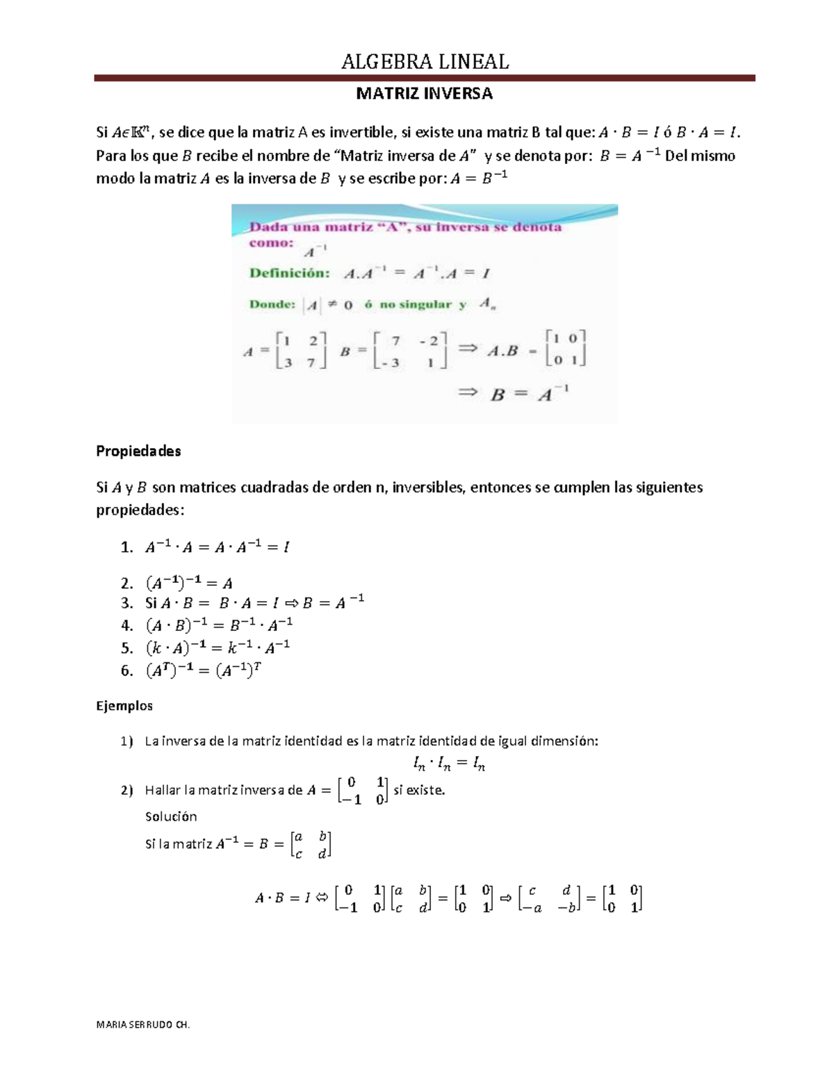 5. Matriz Inversa - Algebra lineal - MATRIZ INVERSA Si 𝐴𝜖𝕂𝑛, se dice ...