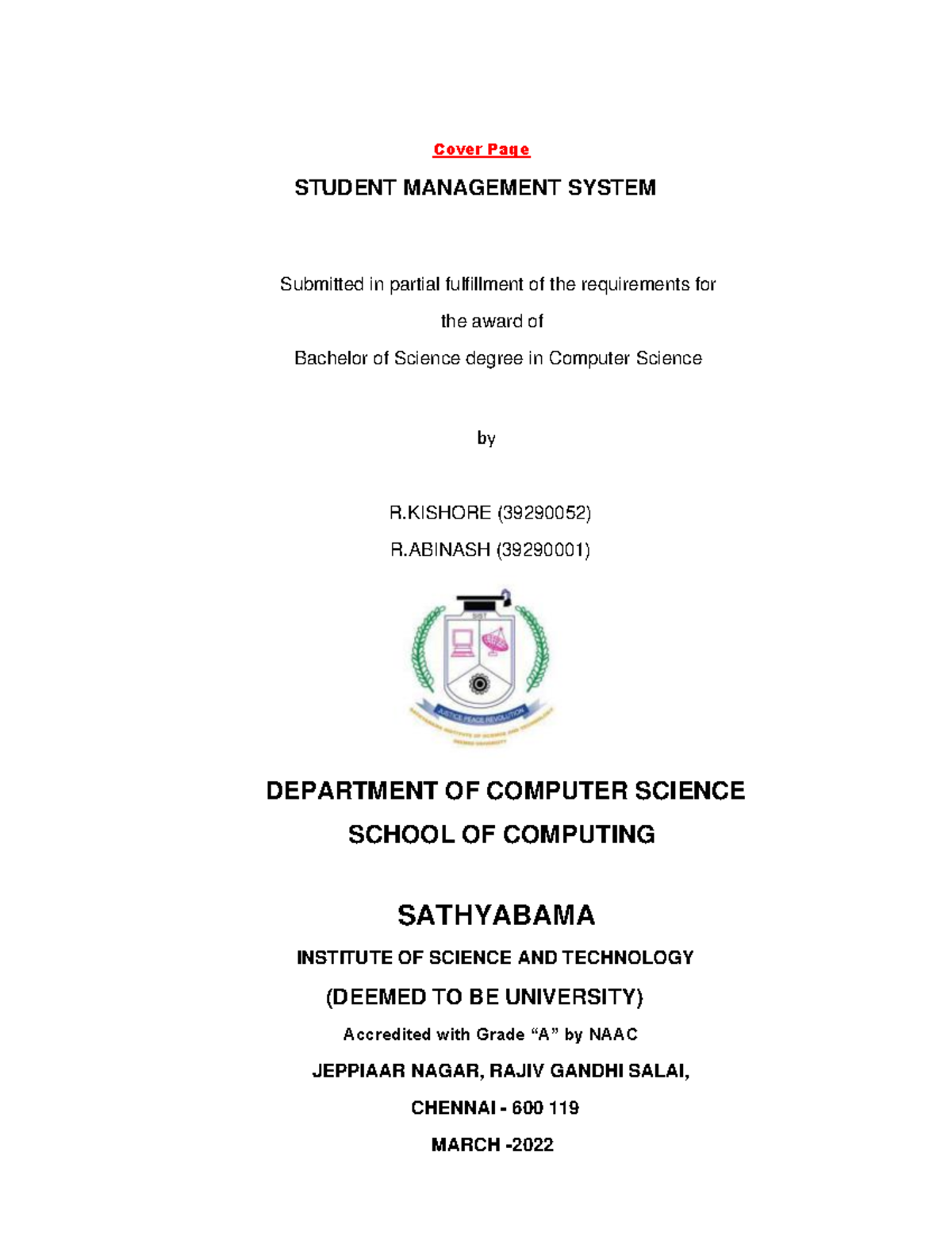 Student Management System Project Report - B.Sc. CS (39290052) - Studocu