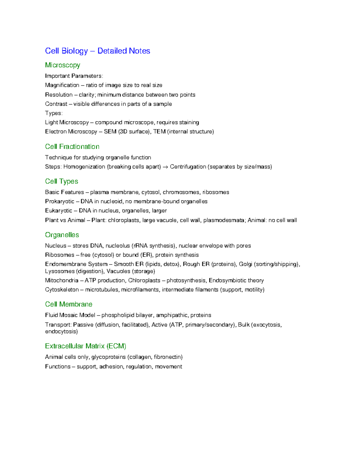 Cell Biology Detailed Notes: Microscopy & Cell Types Overview - Studocu