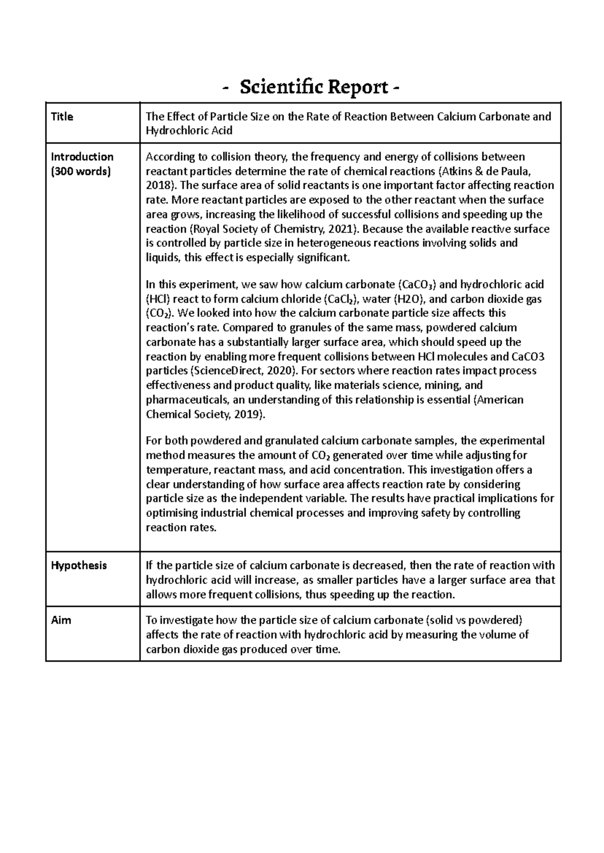 Scientific Report: The Effect of Particle Size on Reaction Rate (Chem ...