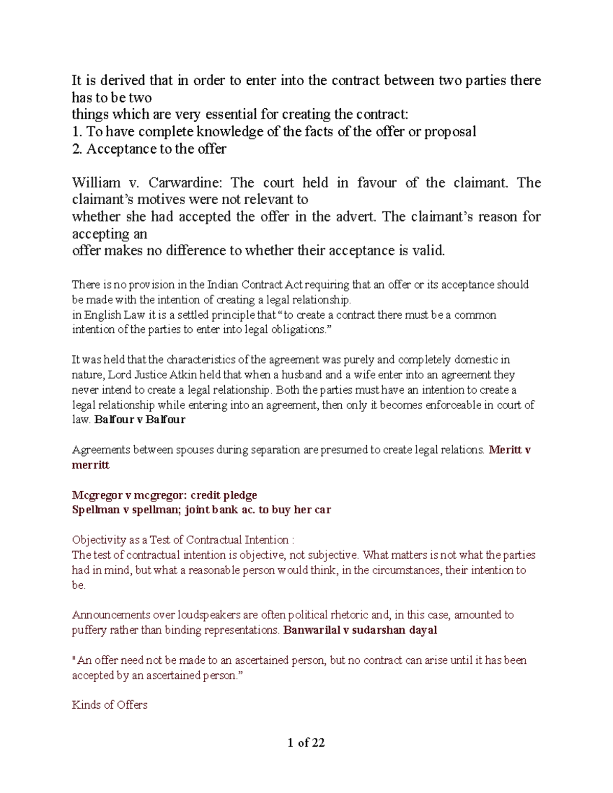 Contracts Law Notes (Course Code: CL101) - Key Principles and Cases ...