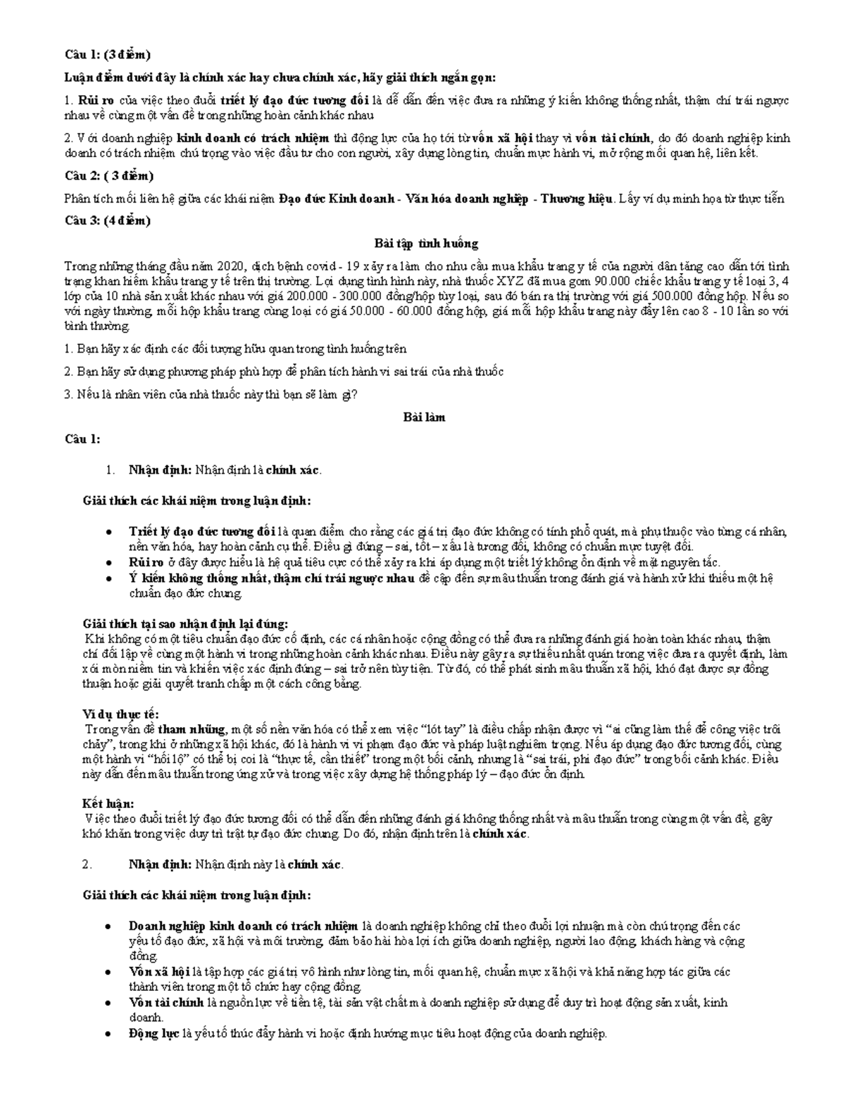 Đề thi 2020: Phân tích Đạo đức Kinh doanh và Tình huống Thực tiễn - Document Preview