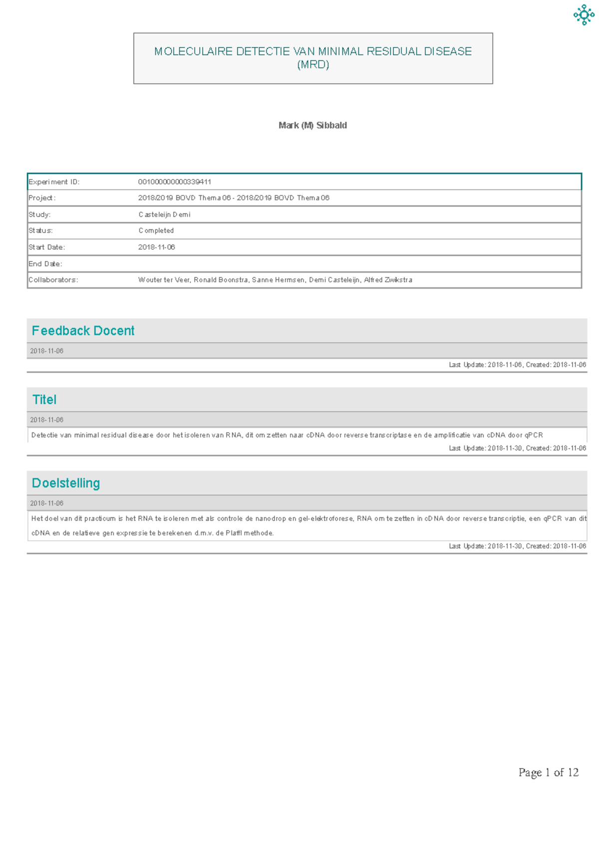 MRD Practicum E-lab Logboek: Moleculaire Detectie van MD Disease ...