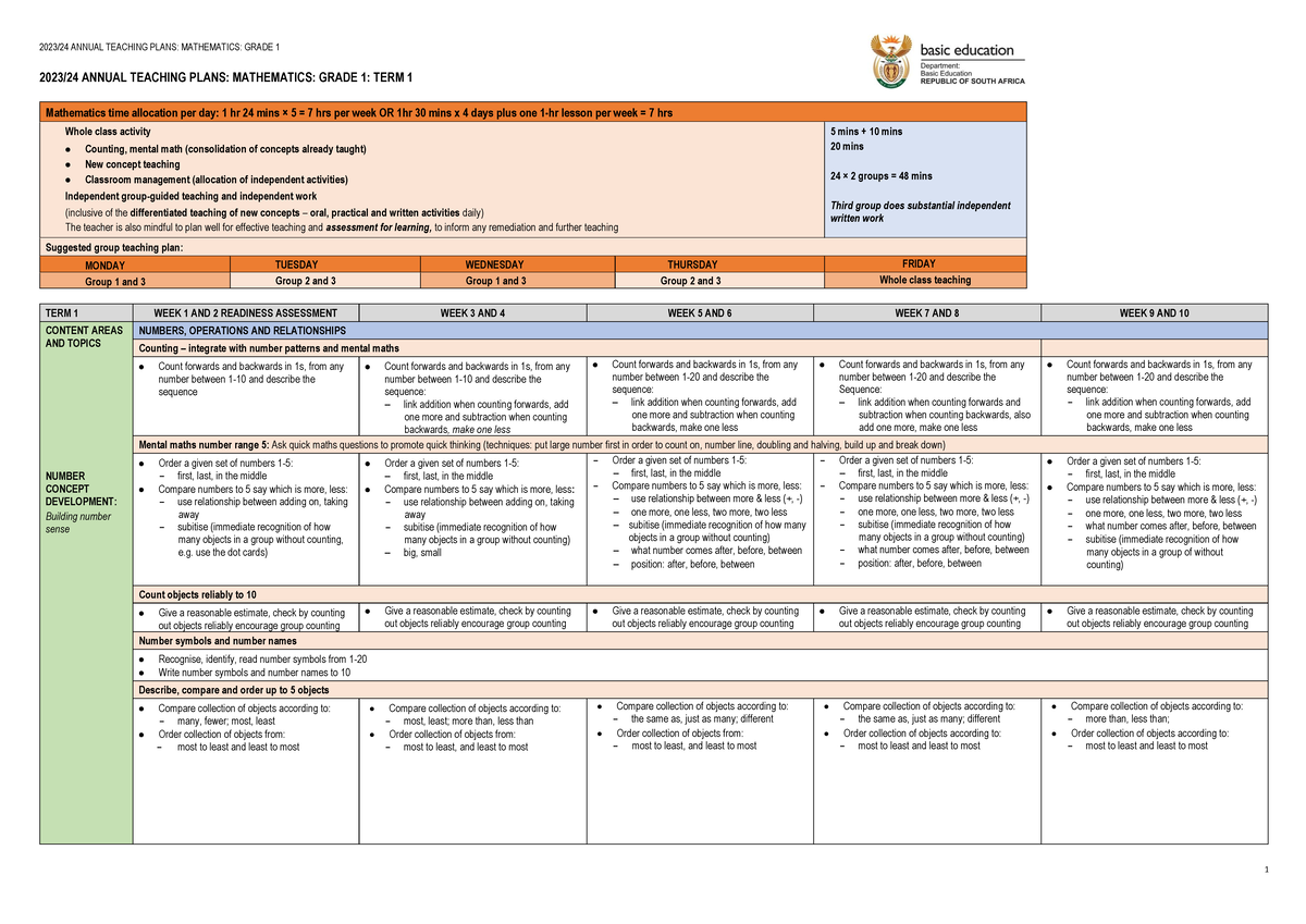 Annual Teaching Plans: Mathematics Grade 1 - Term 1 Overview - Studocu