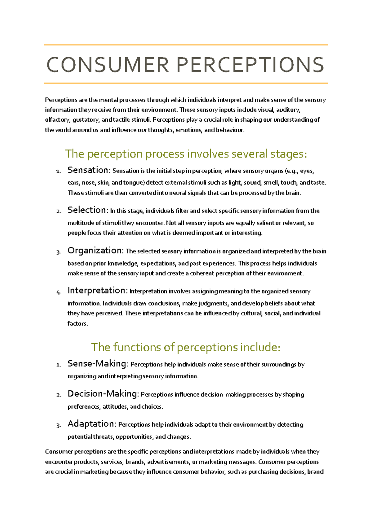Consumer perceptions - CONSUMER PERCEPTIONS Perceptions are the mental ...
