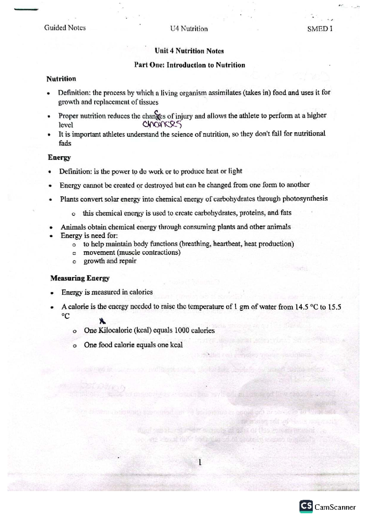 Guided Notes U4 Nutrition SMED I: Comprehensive Study Guide - Studocu