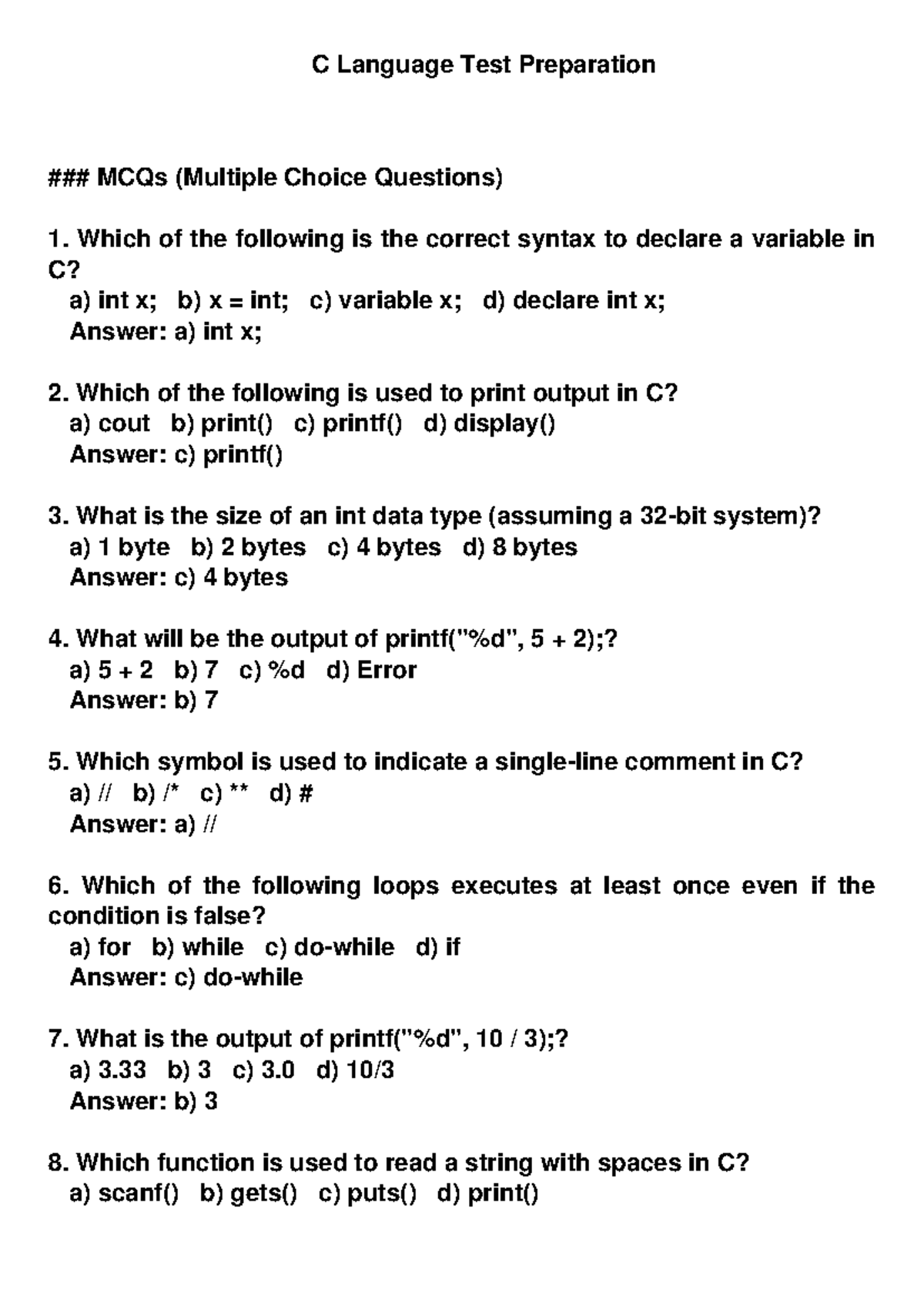 C Programming Test Prep: MCQs & Coding Questions Guide - Studocu