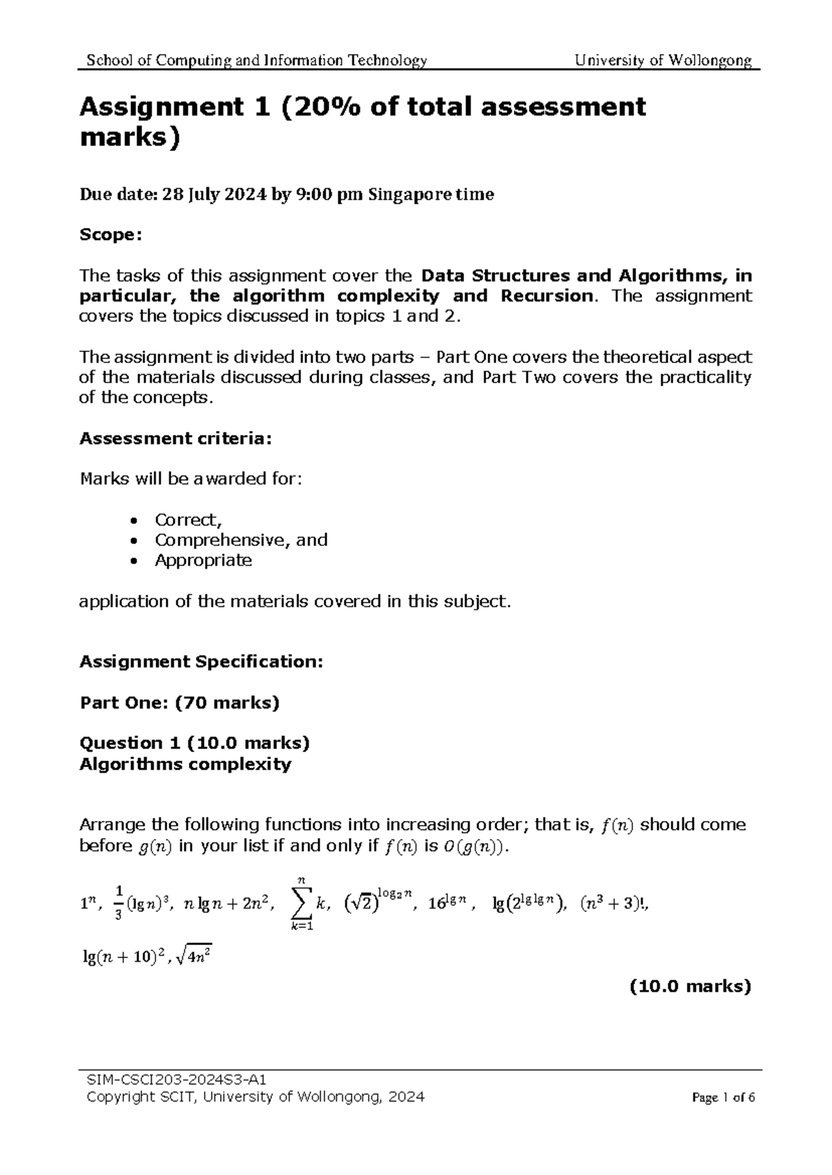 SIM-A1-CSCI203-2024S3-Data Structures & Algorithms Assignment - Studocu