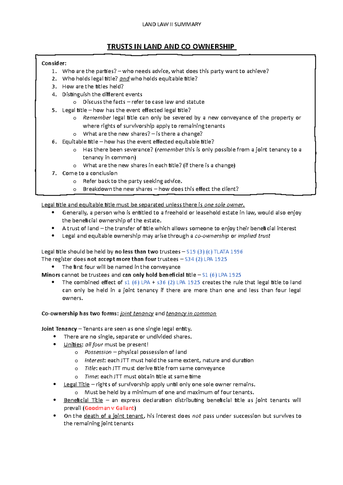 Summary of Land Law 2 - TRUSTS IN LAND AND CO OWNERSHIP Consider: 1 ...