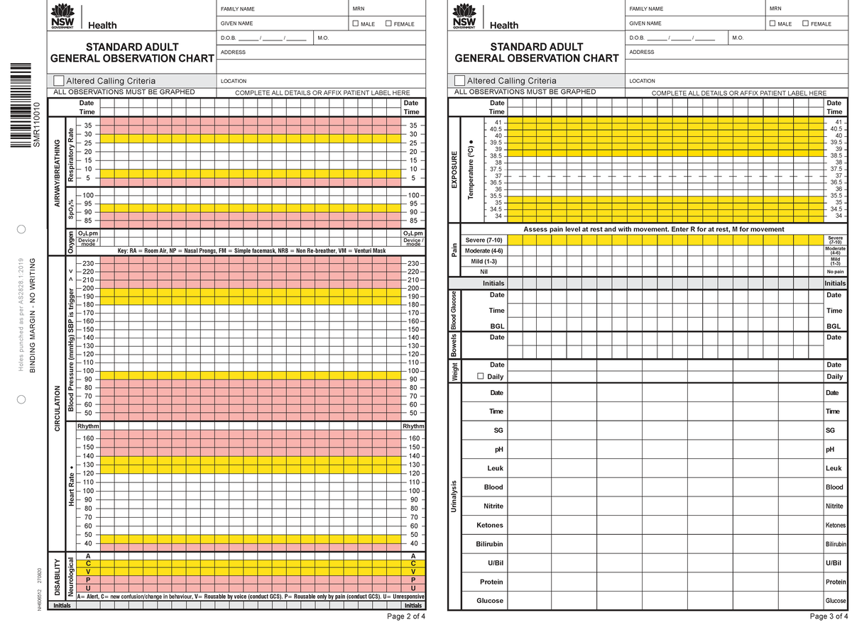 Adult General Observation Chart (AS-2019) with Altered Calling Criteria ...
