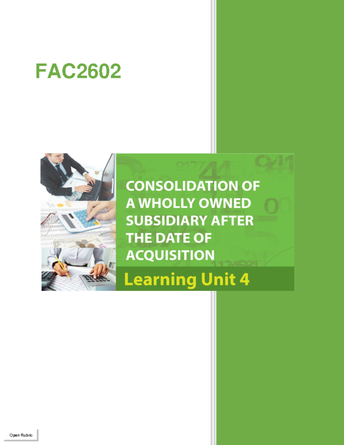 Learning Unit 4: Consolidation of a Wholly Owned Subsidiary After ...