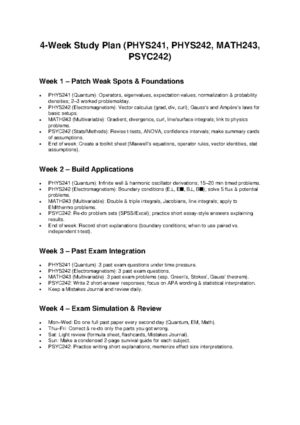 4-Week Study Plan for PHYS241, PHYS242, MATH243, PSYC242 - Studocu