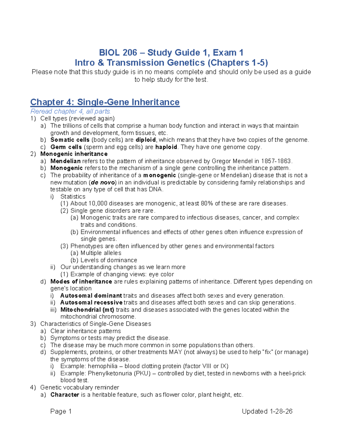 BIOL 206 – Study Guide 1, Exam 1: Genetics Overview - Studocu