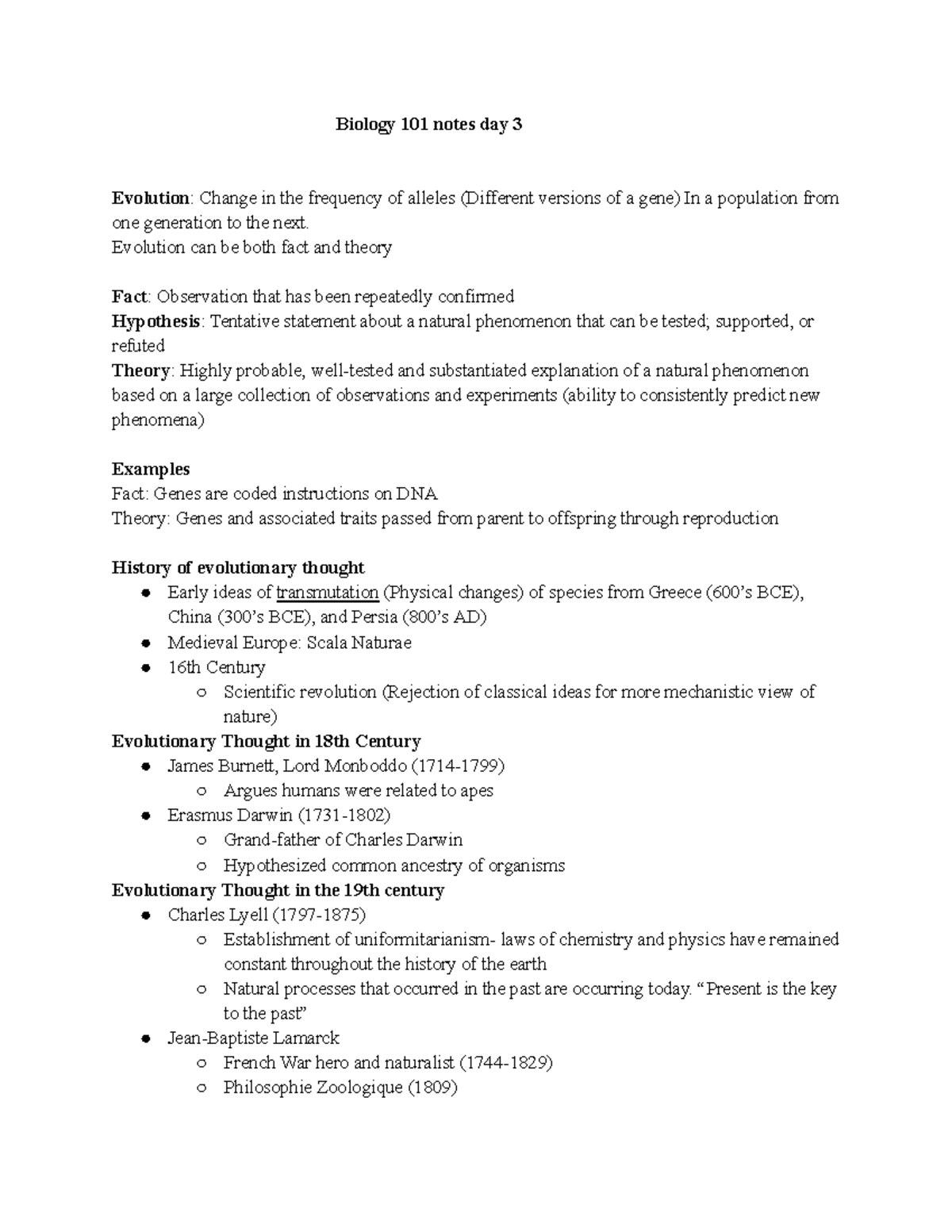 Biology 101: Day 3 Notes on Evolution & Natural Selection - Studocu