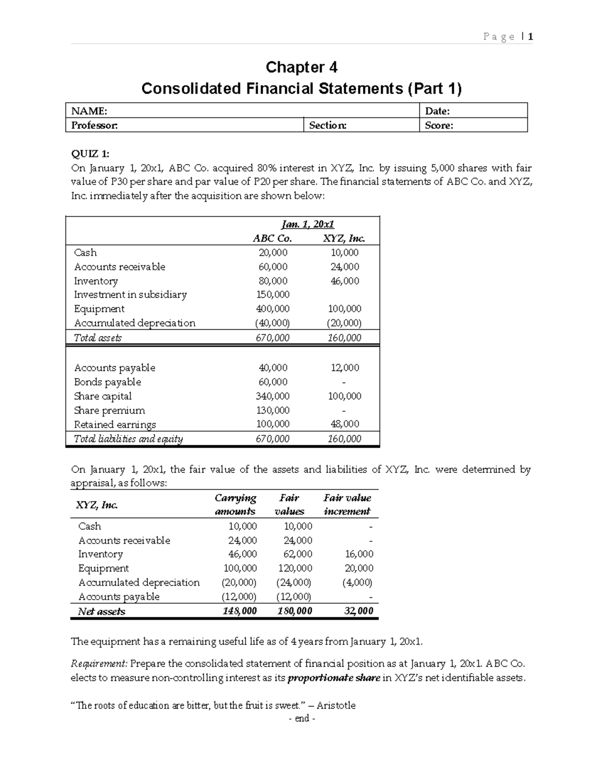 Quiz: Chapter 4 - Consolidated Financial Statements (Part 1) - Studocu