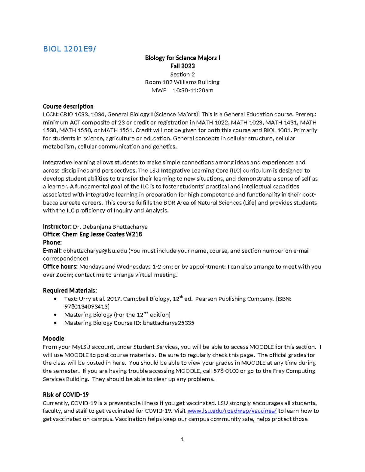 BIOL 1201 Final Syllabus for Section 2 - Fall 2023 - Studocu