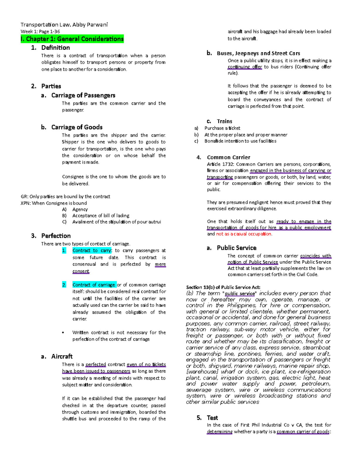 Transportation Law Notes Week 1 - Key Concepts and Definitions - Studocu