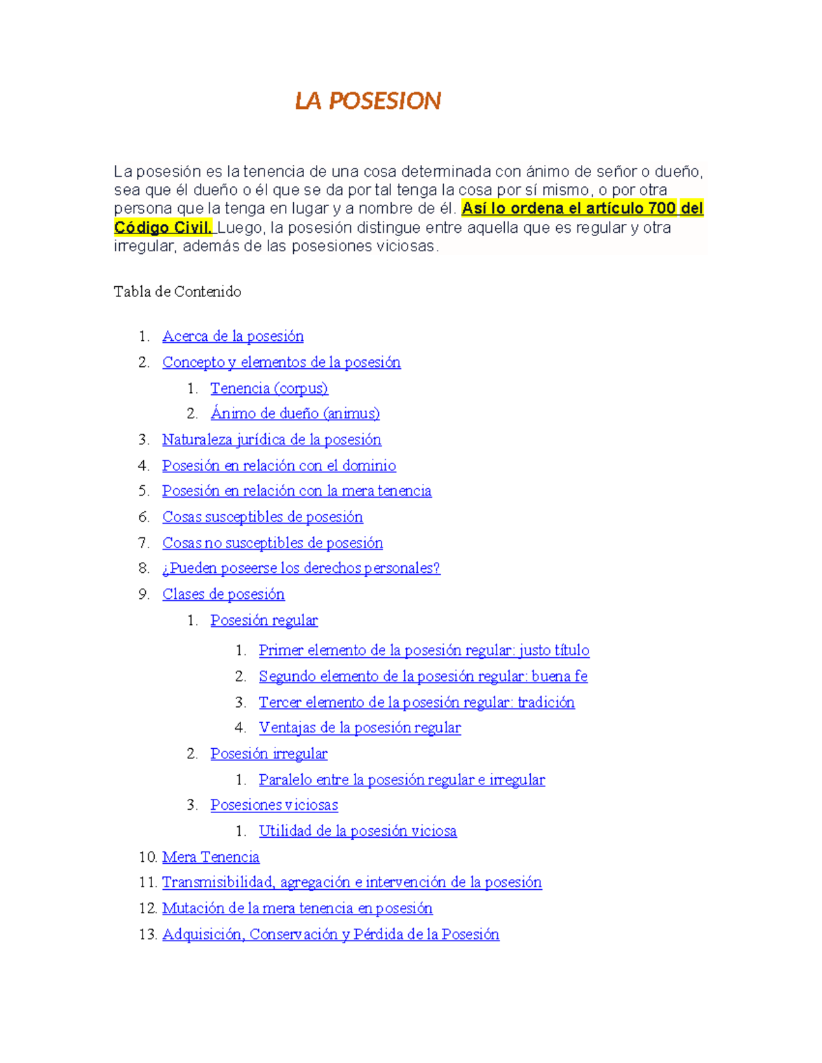 TEMA 700: La Posesión en el Derecho Civil - Conceptos y Clases - Studocu