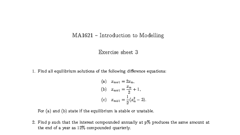Sheet 3 - week two ex 1 - MA1621 – Introduction to Modelling Exercise ...