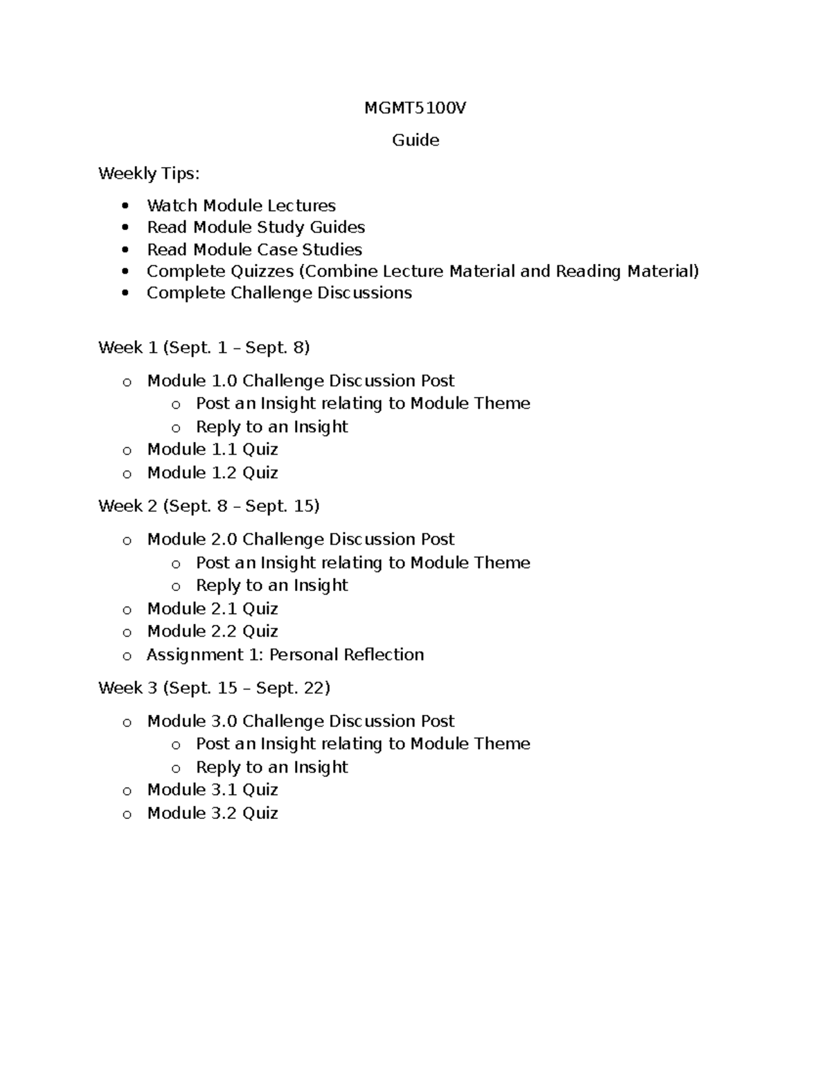 MGMT5100V Weekly Study Guide: Tips for Modules 1-3 - Studocu